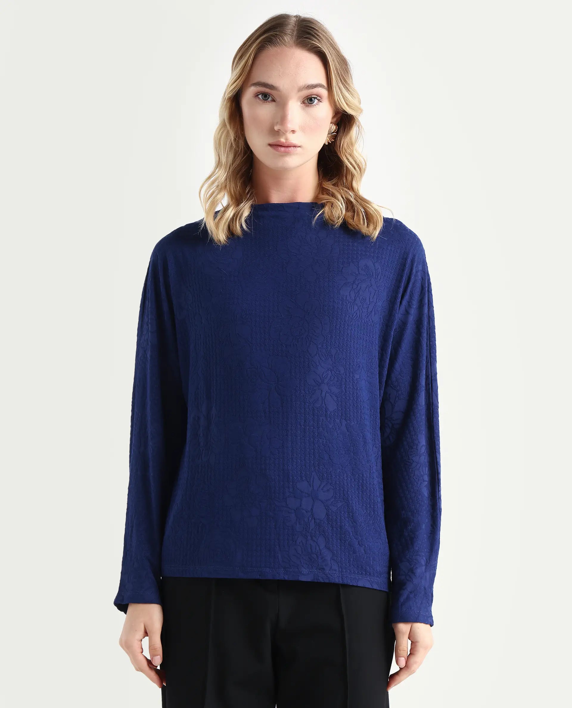 Rareism Women's Ingoz Navy Polyester Boat Neck Plain Relaxed Fit Top