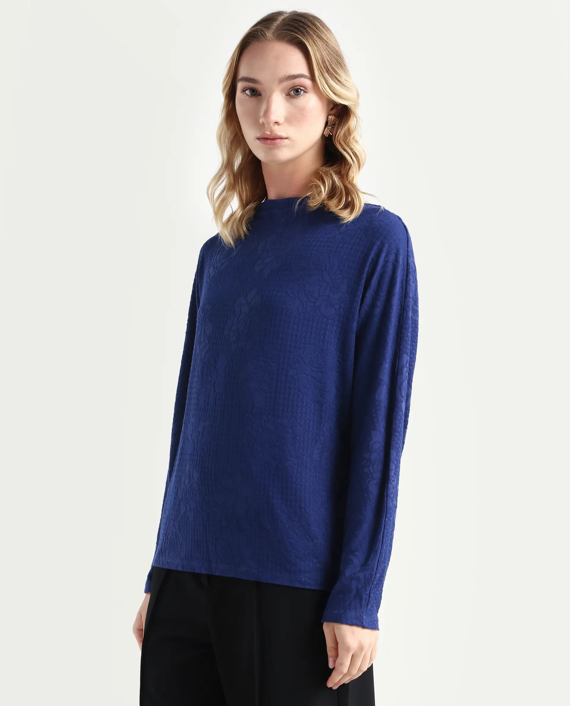 Rareism Women's Ingoz Navy Polyester Boat Neck Plain Relaxed Fit Top