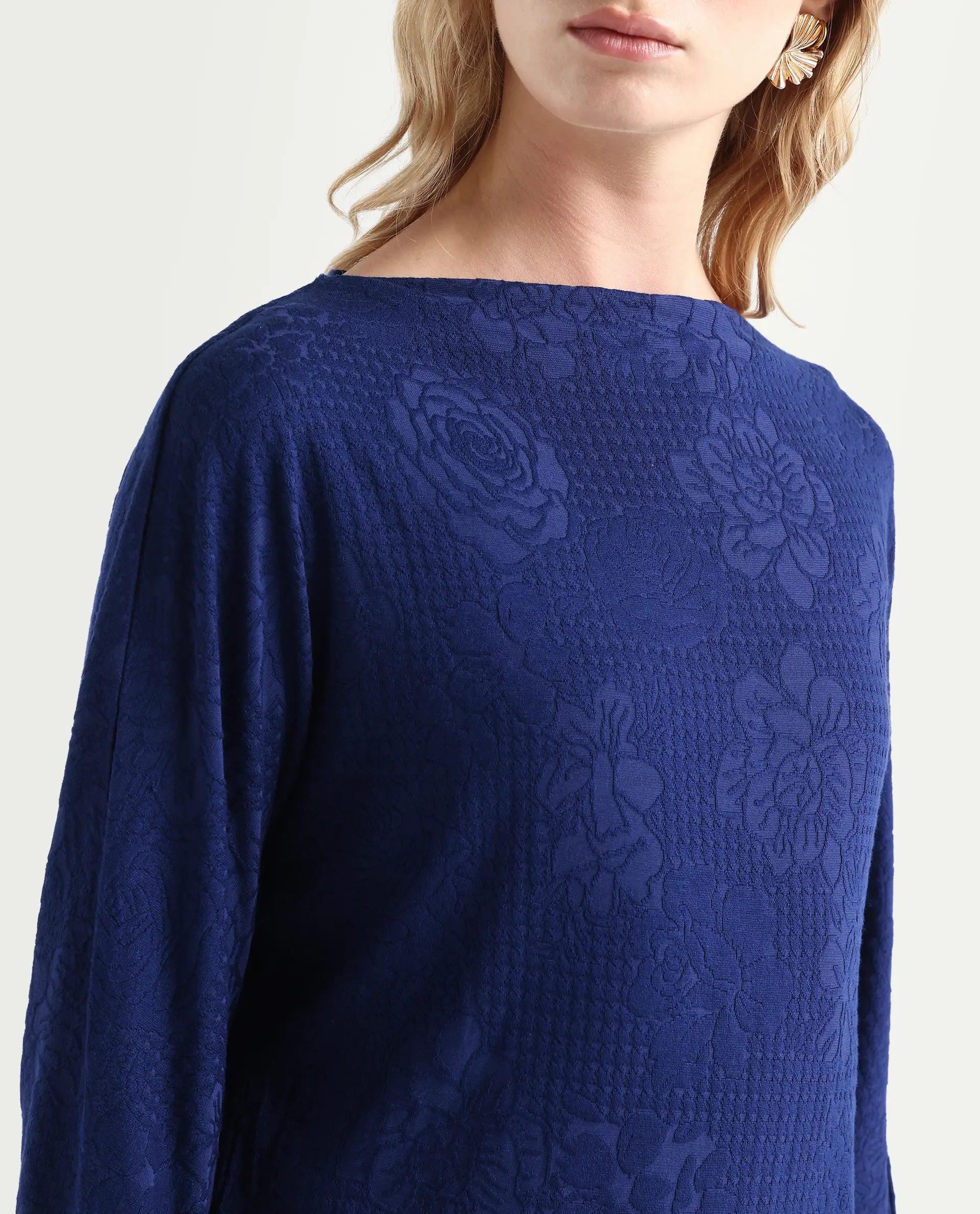 Rareism Women's Ingoz Navy Polyester Boat Neck Plain Relaxed Fit Top