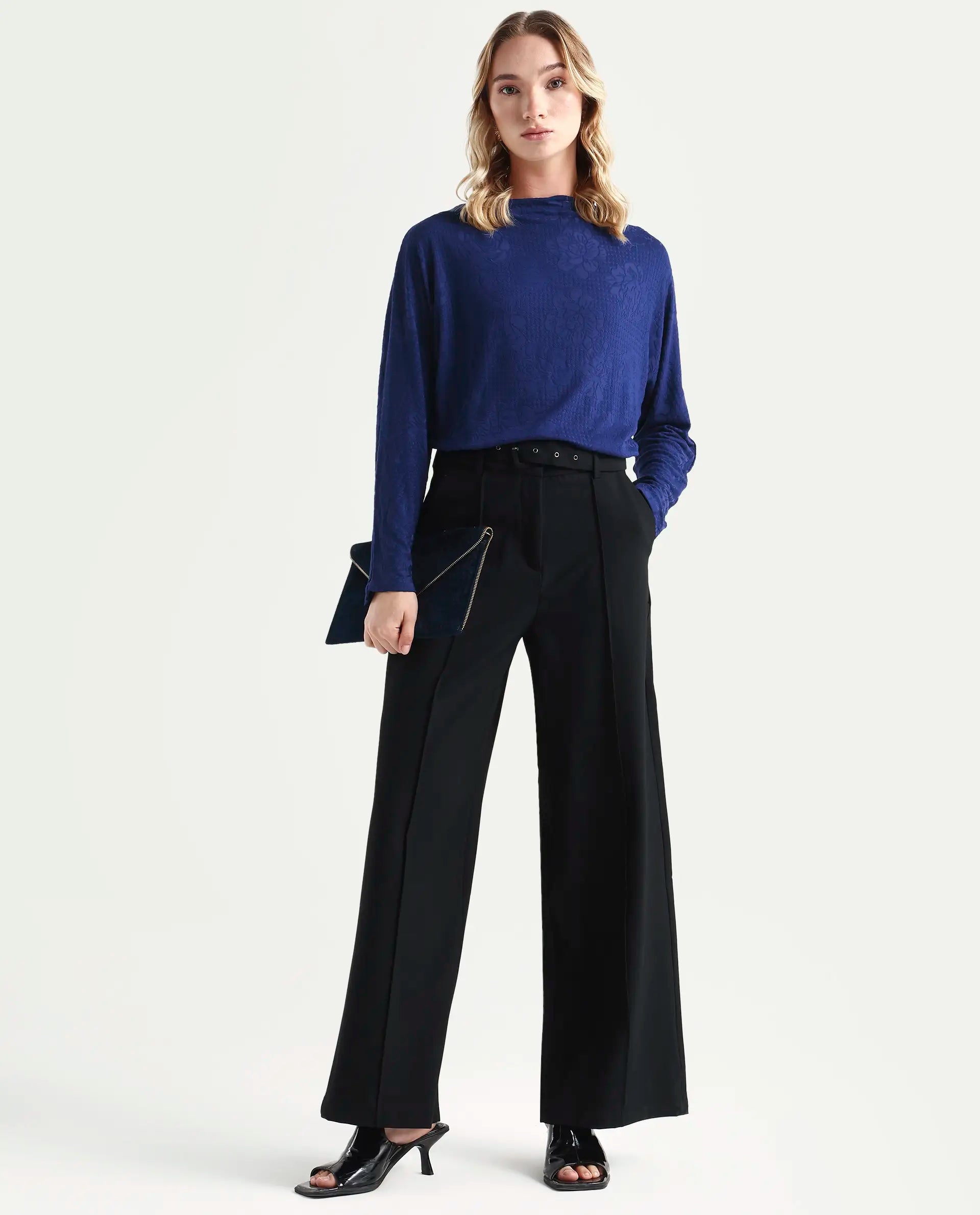 Rareism Women's Ingoz Navy Polyester Boat Neck Plain Relaxed Fit Top