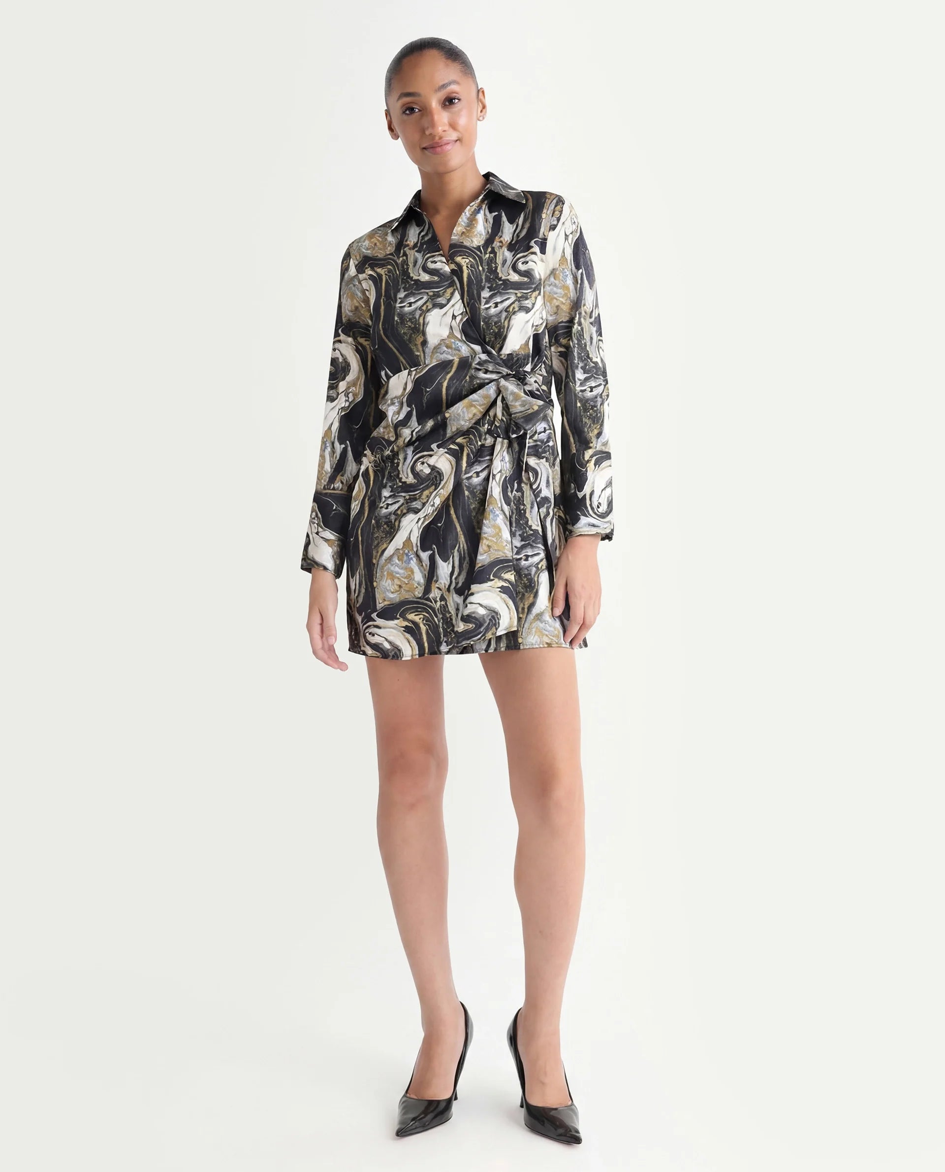 Rareism Women's Sager Black Polyester Spread Collar Abstract Print Mini Regular Fit Dress