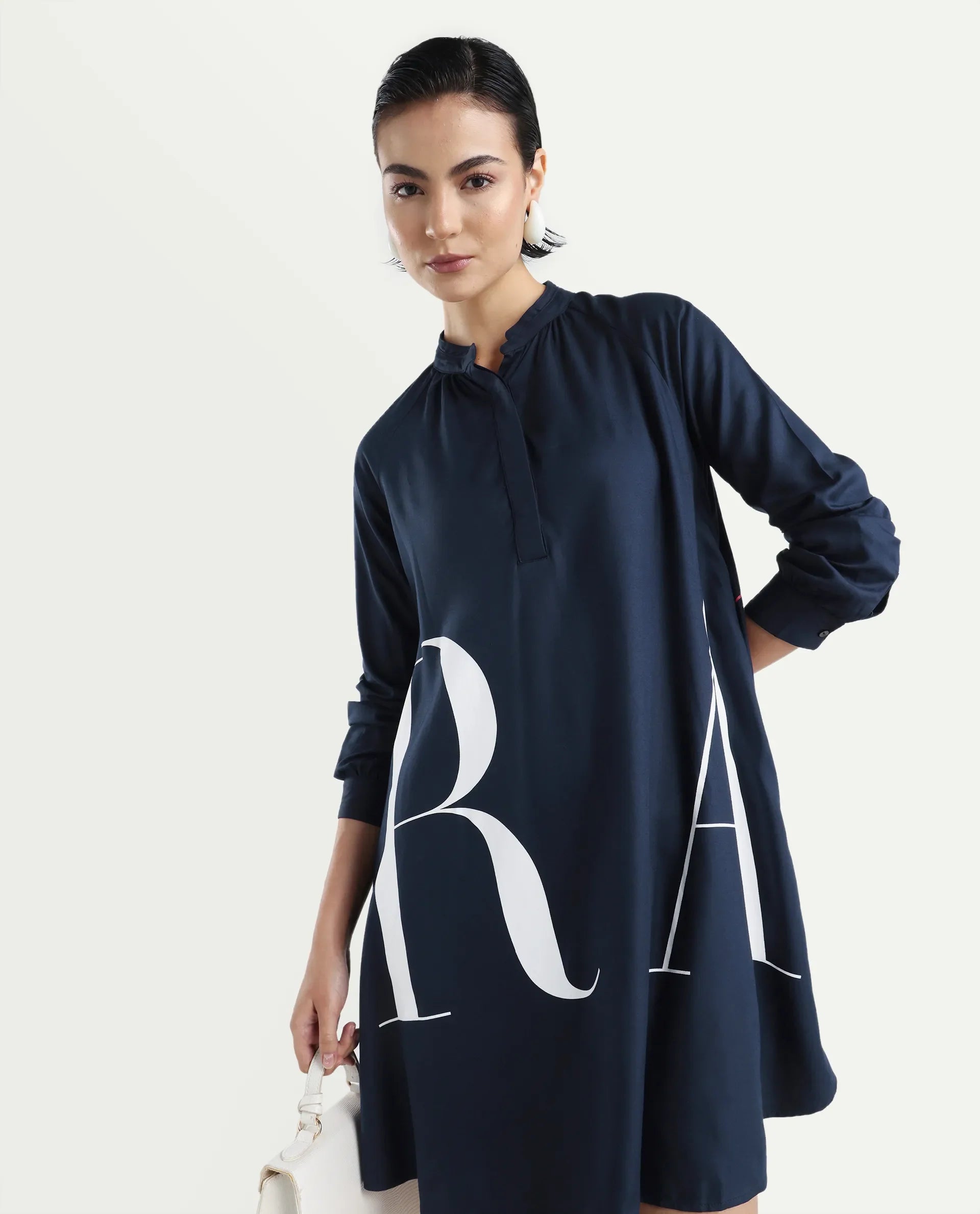 Rareism Women's Leor Dark Blue Tencel Mandarin Collar Graphic Print Mini A-Line Dress