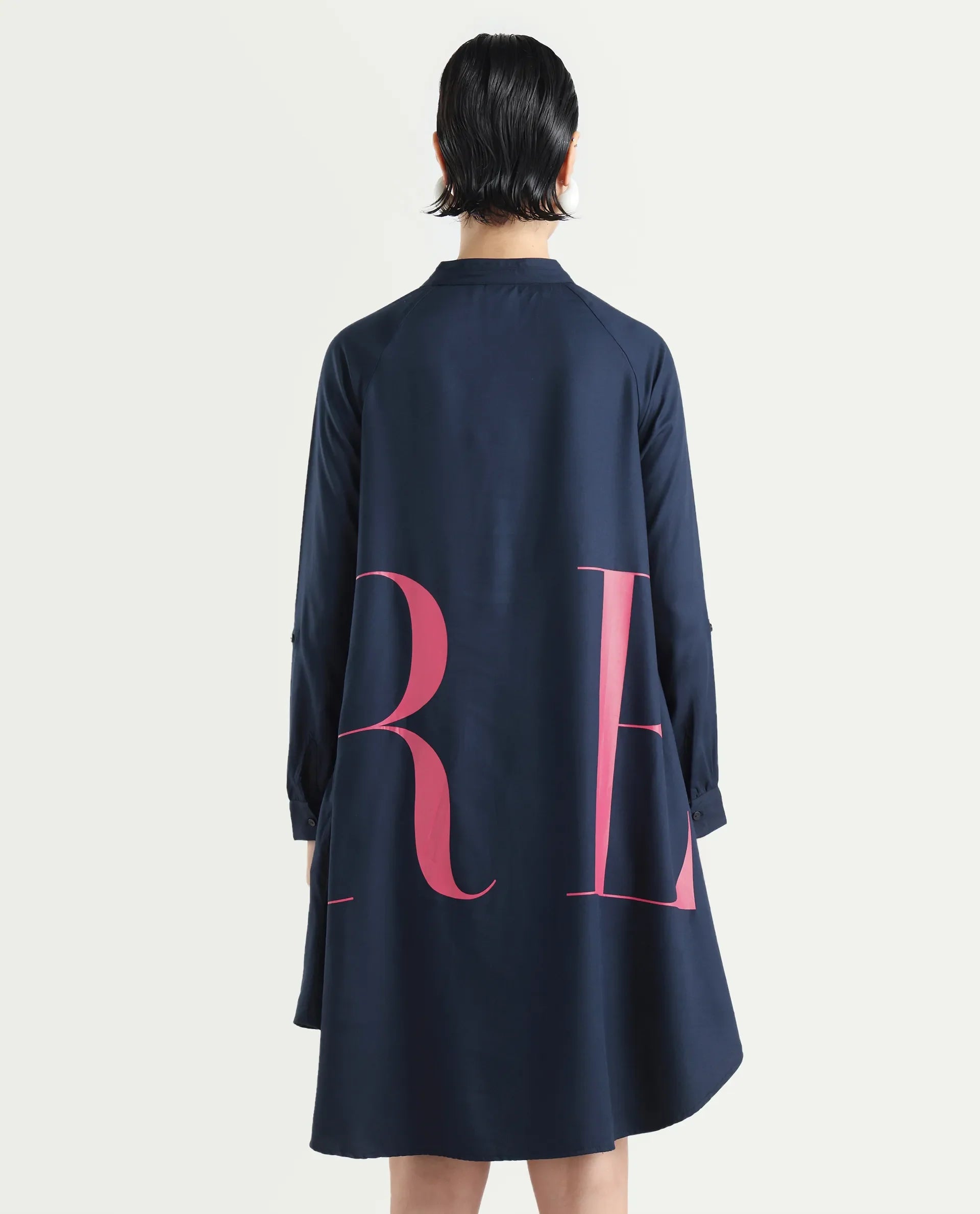 Rareism Women's Leor Dark Blue Tencel Mandarin Collar Graphic Print Mini A-Line Dress