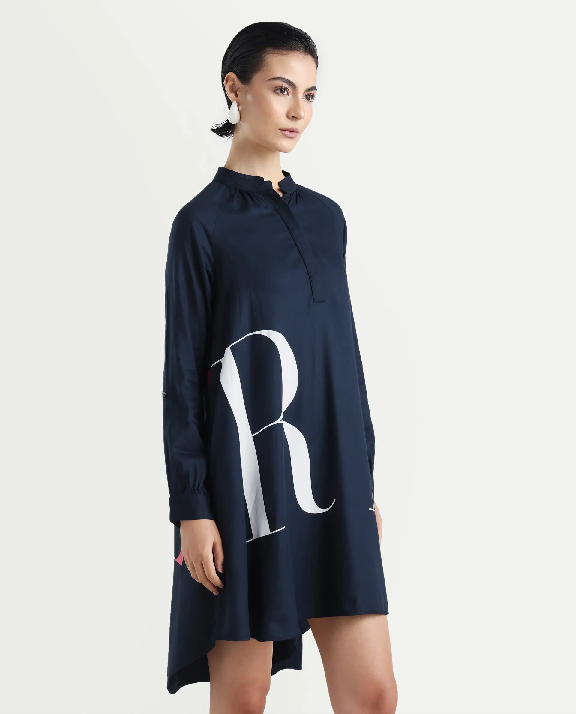 Rareism Women's Leor Dark Blue Tencel Mandarin Collar Graphic Print Mini A-Line Dress