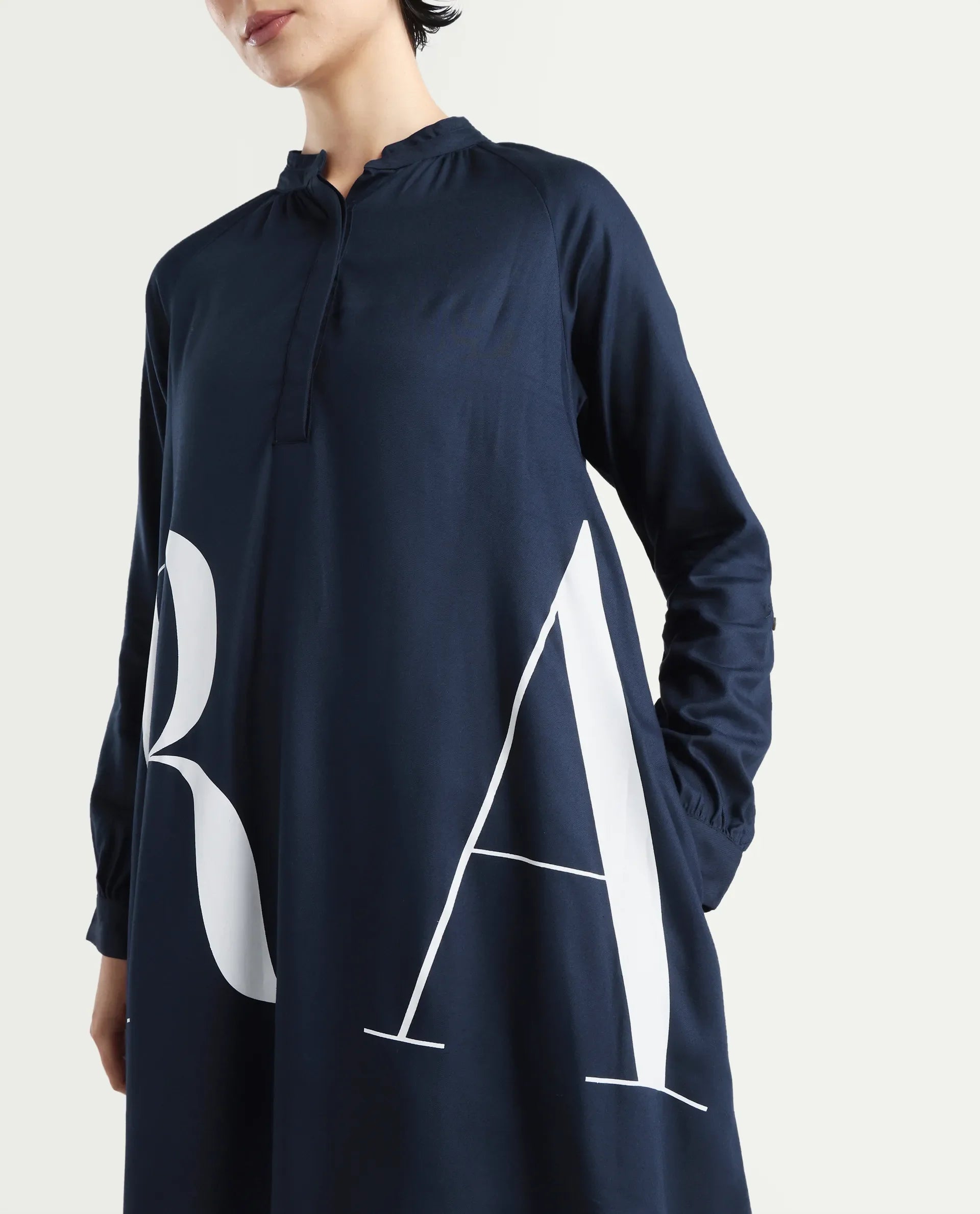 Rareism Women's Leor Dark Blue Tencel Mandarin Collar Graphic Print Mini A-Line Dress