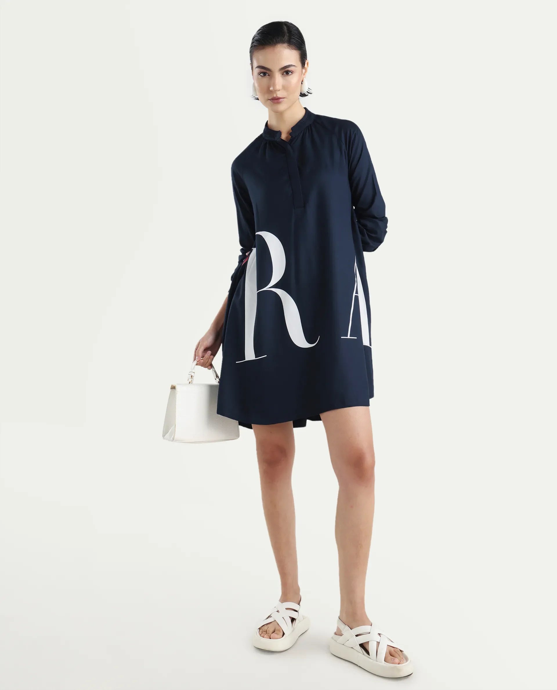 Rareism Women's Leor Dark Blue Tencel Mandarin Collar Graphic Print Mini A-Line Dress