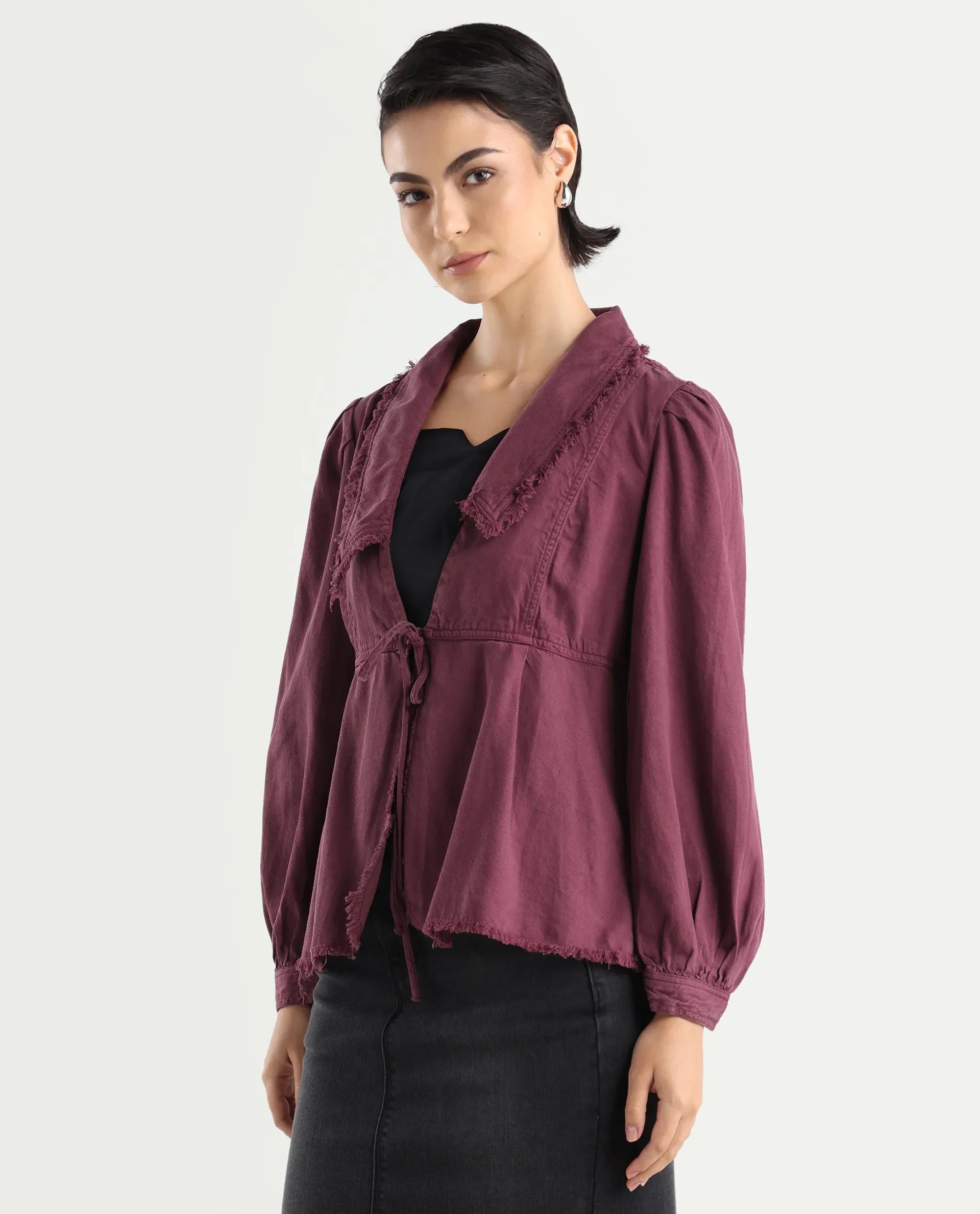 Rareism Women's Reism Dark Maroon Cotton Blend Lapel Neck Plain Boxy Fit Shrug