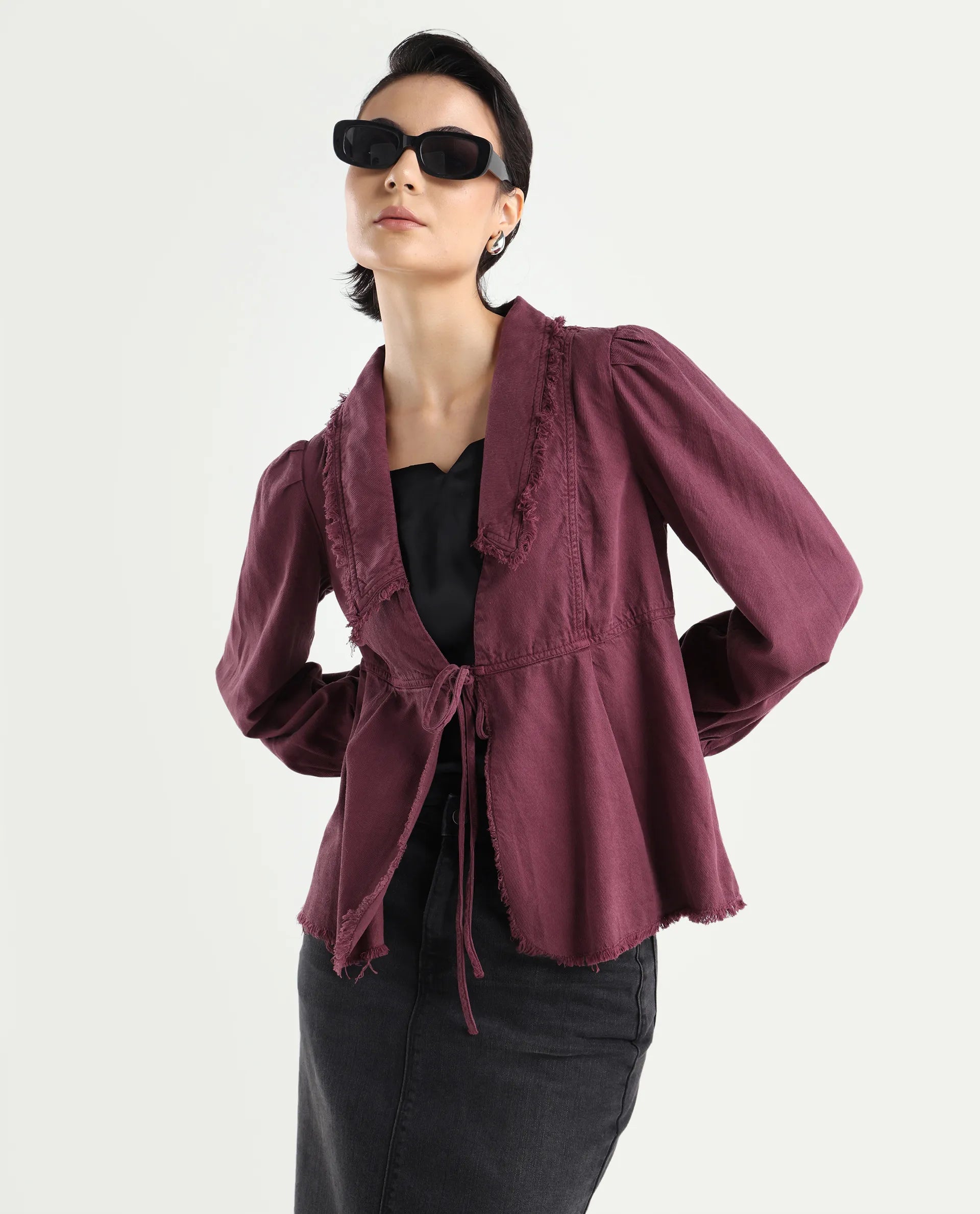 Rareism Women's Reism Dark Maroon Cotton Blend Lapel Neck Plain Boxy Fit Shrug