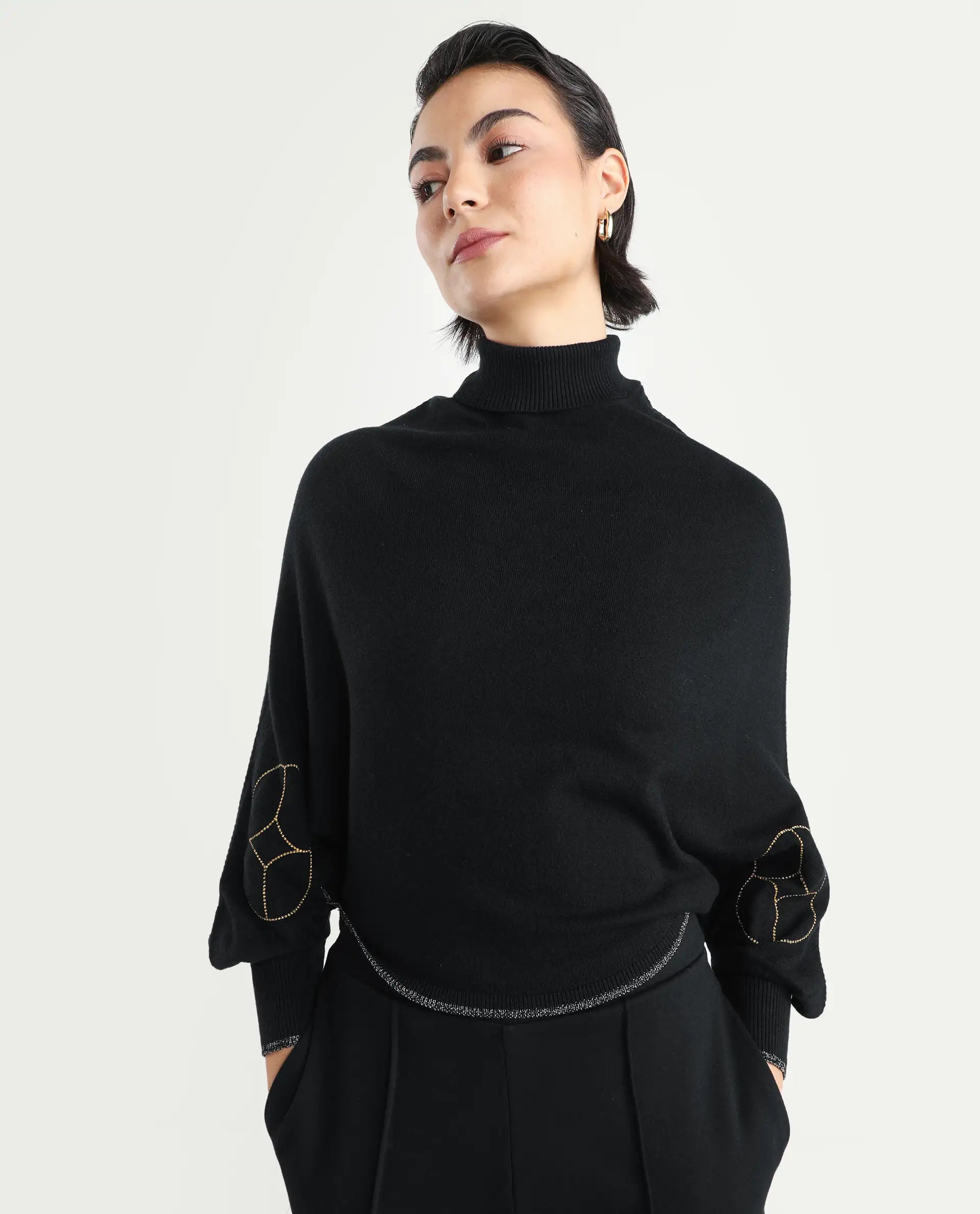 Rareism Women's Sabel Black Viscose Turtle Neck Plain Kimono Sleeve Crop Relaxed Fit Sweater