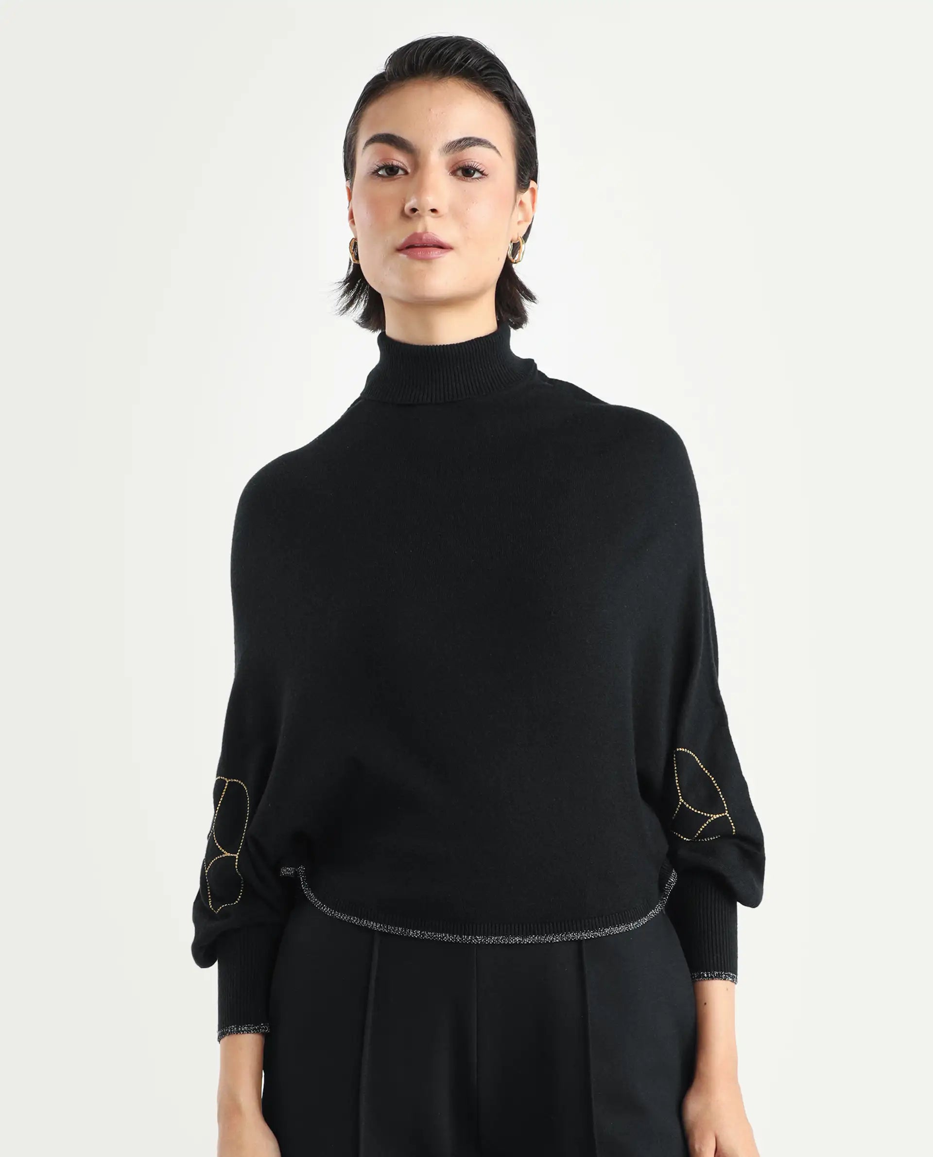 Rareism Women's Sabel Black Viscose Turtle Neck Plain Kimono Sleeve Crop Relaxed Fit Sweater