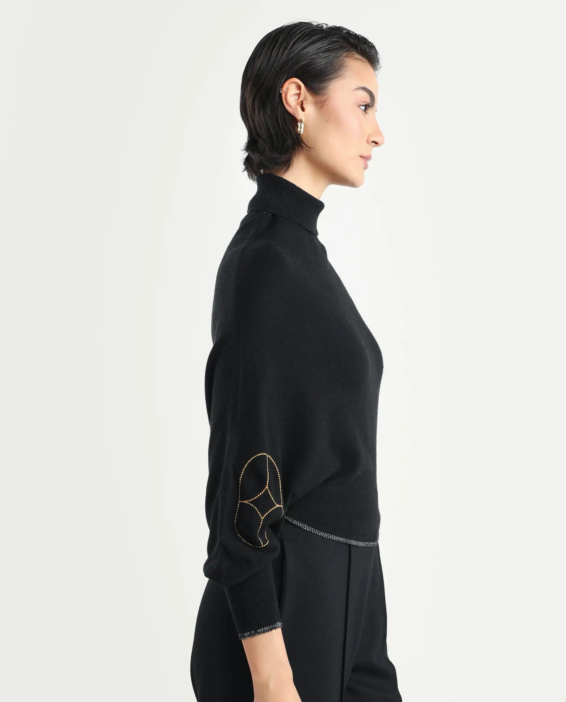 Rareism Women's Sabel Black Viscose Turtle Neck Plain Kimono Sleeve Crop Relaxed Fit Sweater