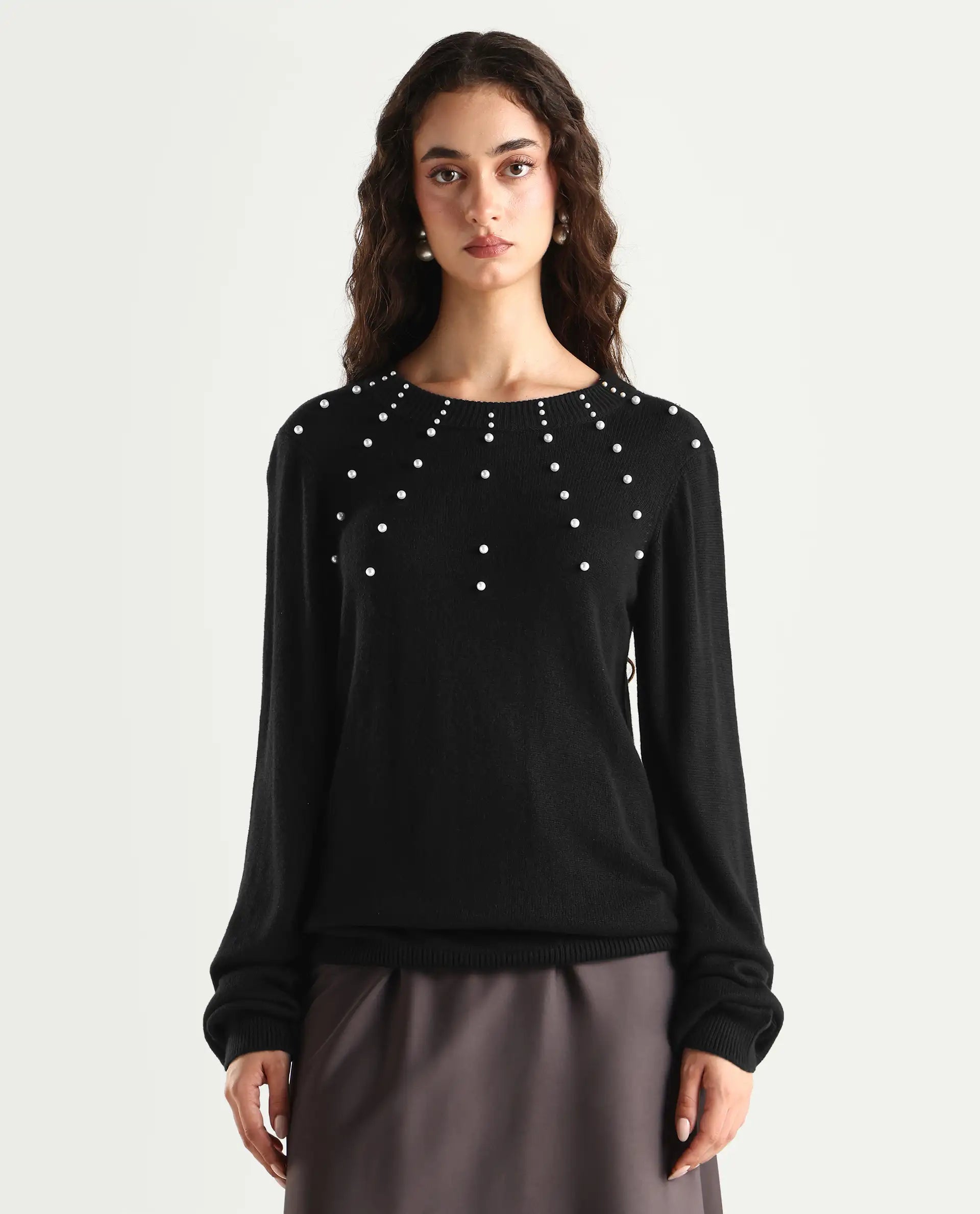 Rareism Women's Junich Black Viscose Crew Neck Embellished Regular Fit Sweater