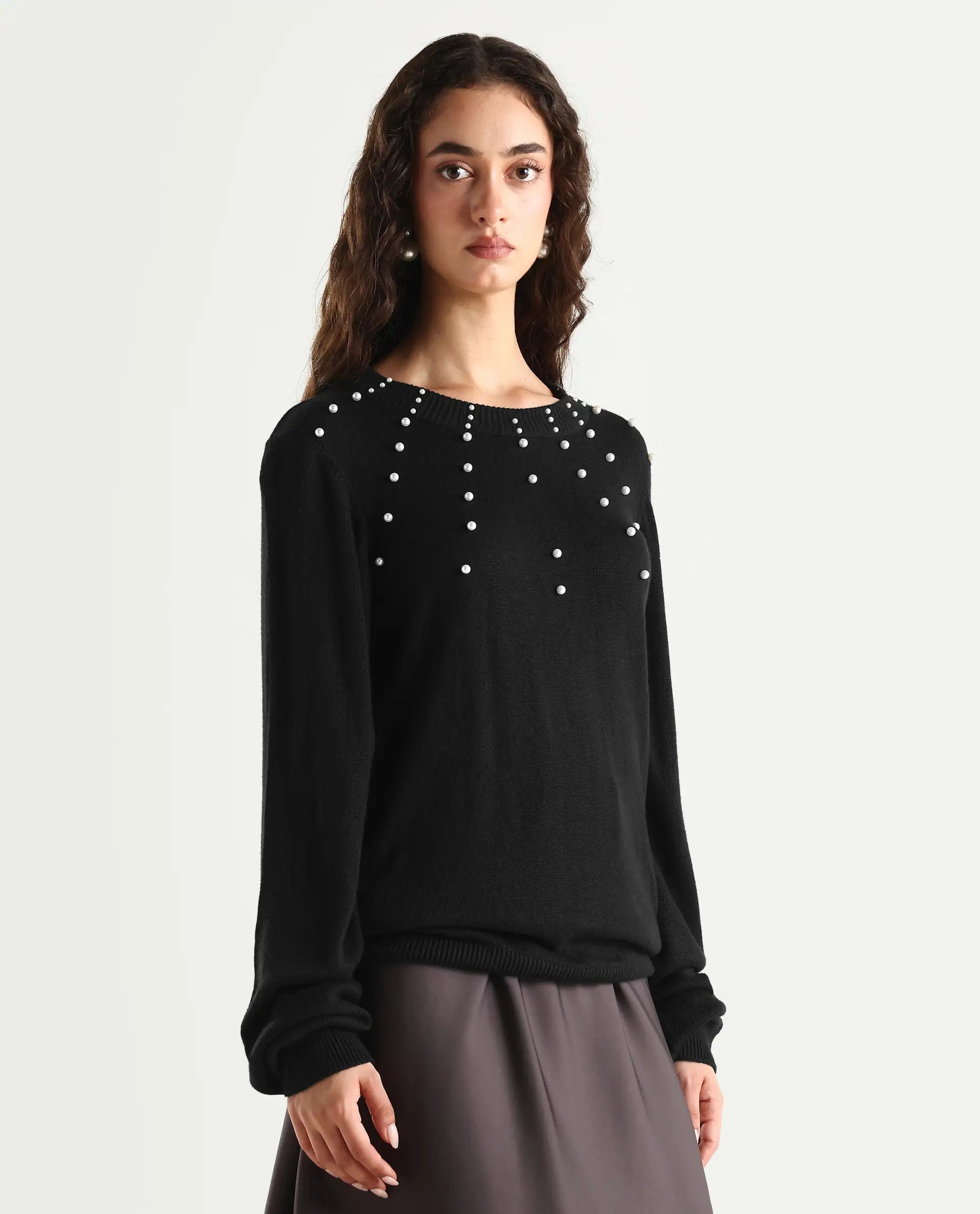 Rareism Women's Junich Black Viscose Crew Neck Embellished Regular Fit Sweater