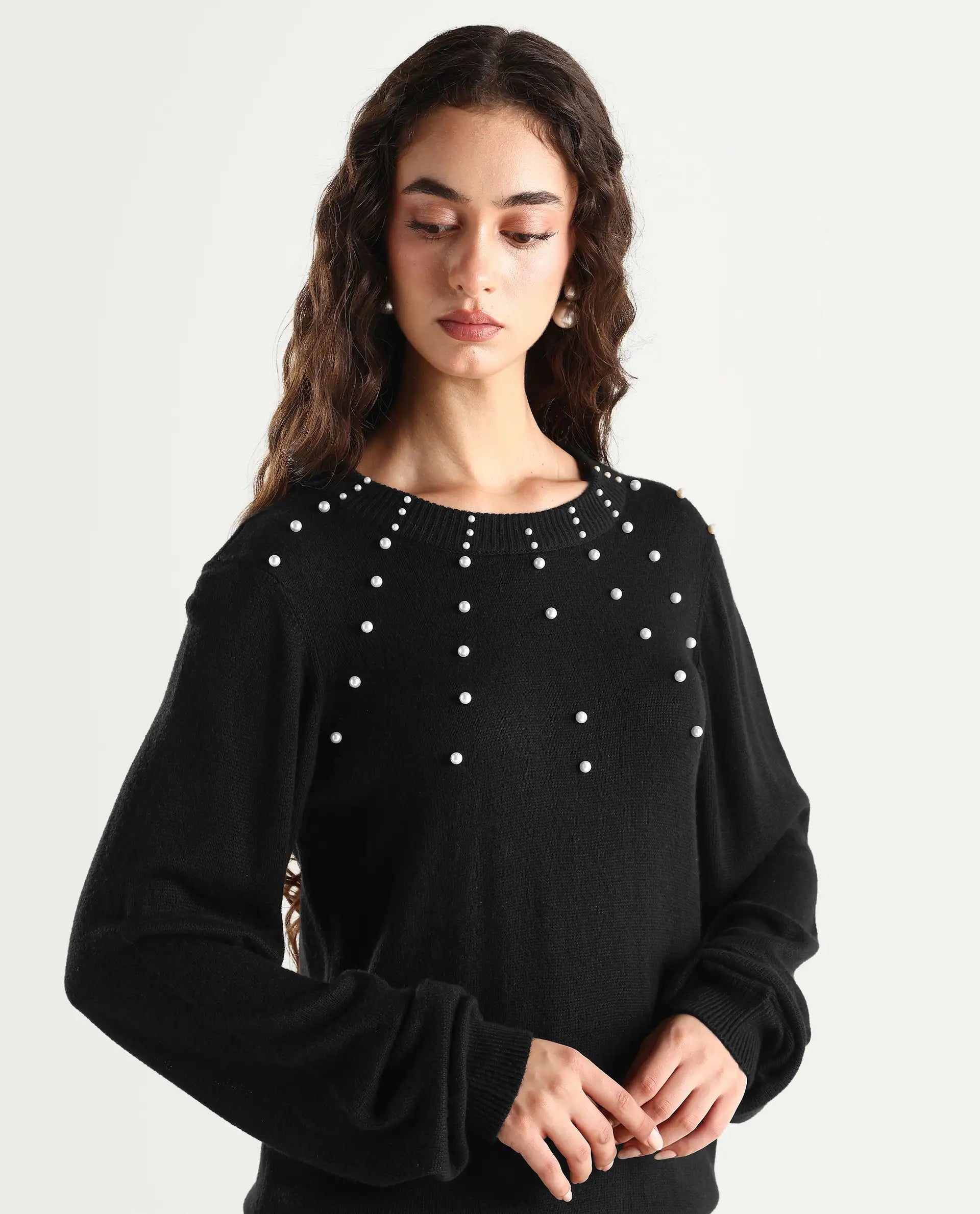 Rareism Women's Junich Black Viscose Crew Neck Embellished Regular Fit Sweater