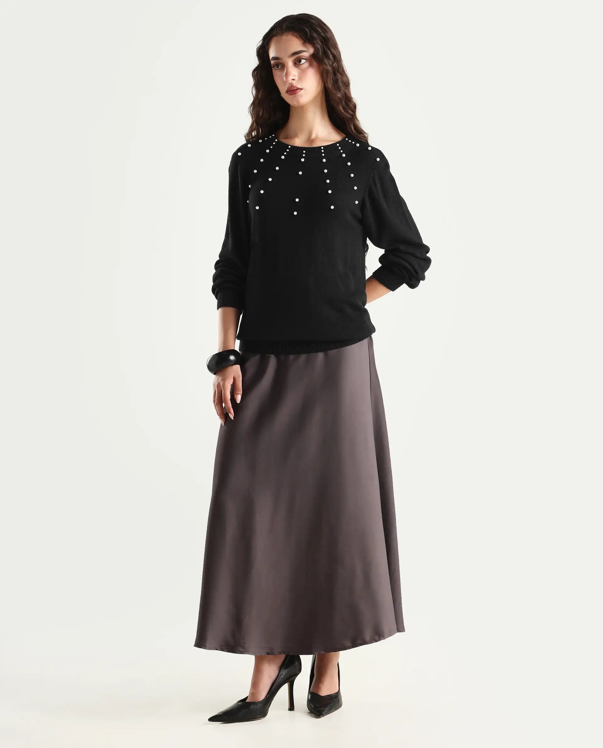 Rareism Women's Junich Black Viscose Crew Neck Embellished Regular Fit Sweater