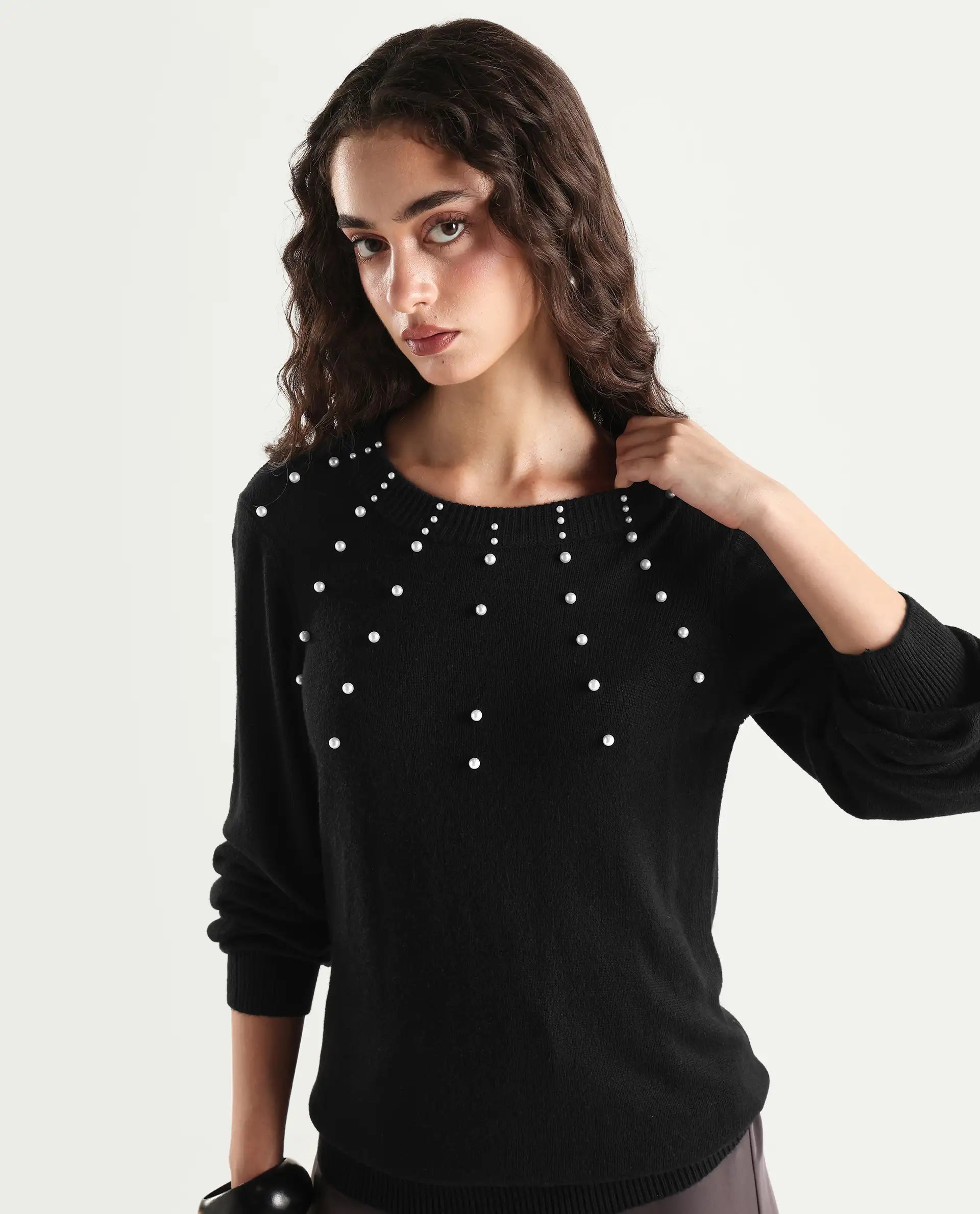 Rareism Women's Junich Black Viscose Crew Neck Embellished Regular Fit Sweater