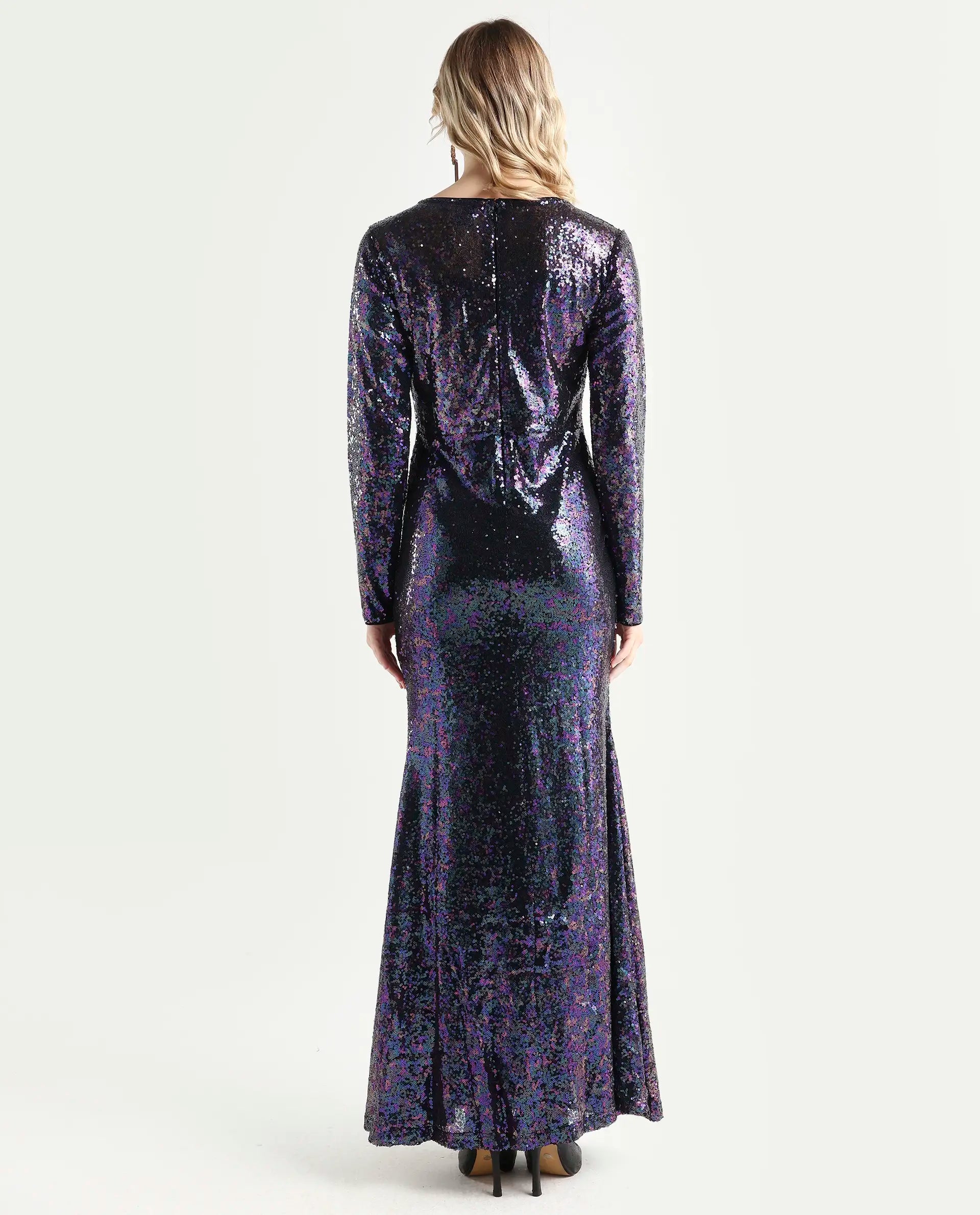 Rareism Women's Caltese Sheen Blue Polyester Boat Neck Sequined Maxi Regular Fit Dress