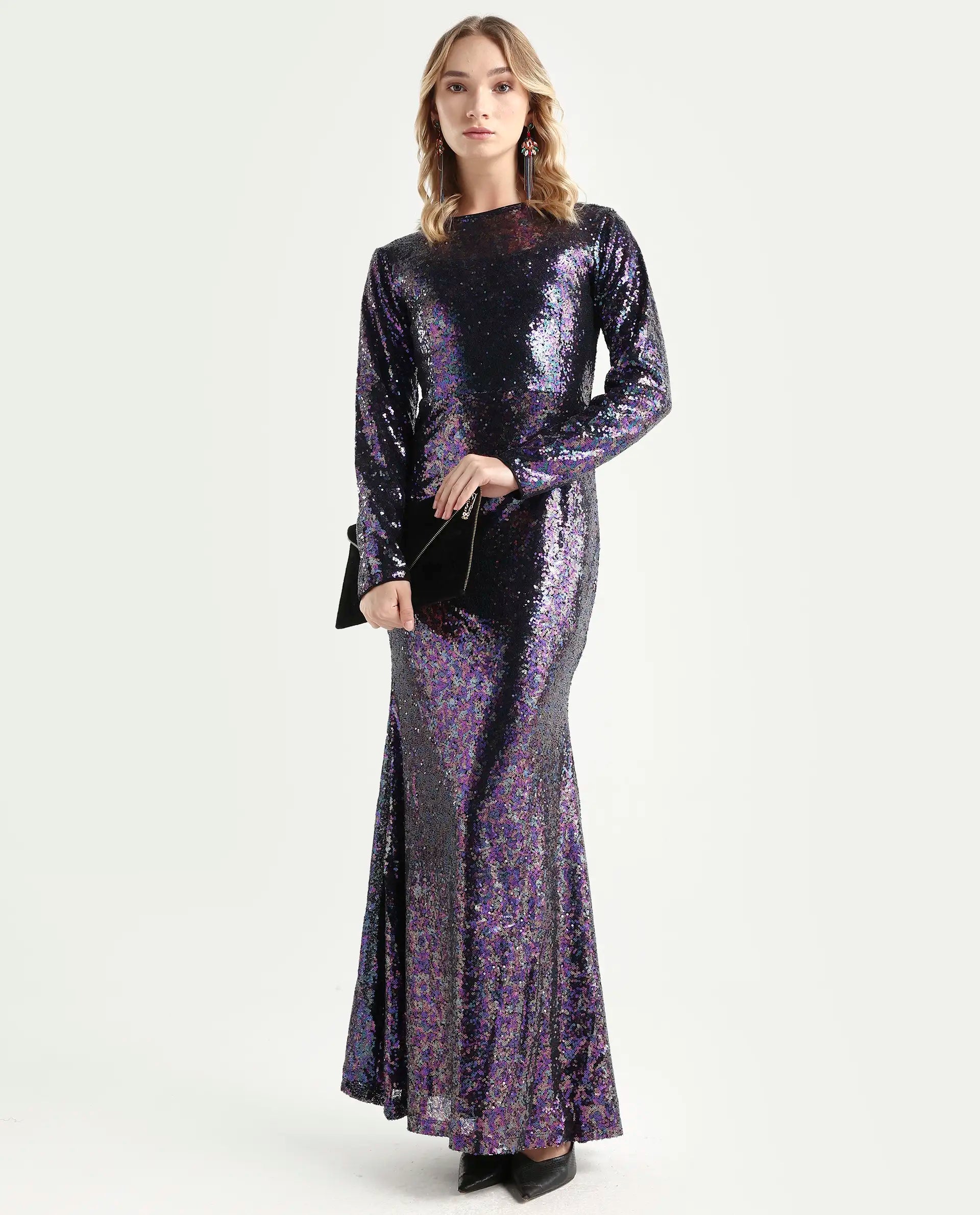 Rareism Women's Caltese Sheen Blue Polyester Boat Neck Sequined Maxi Regular Fit Dress