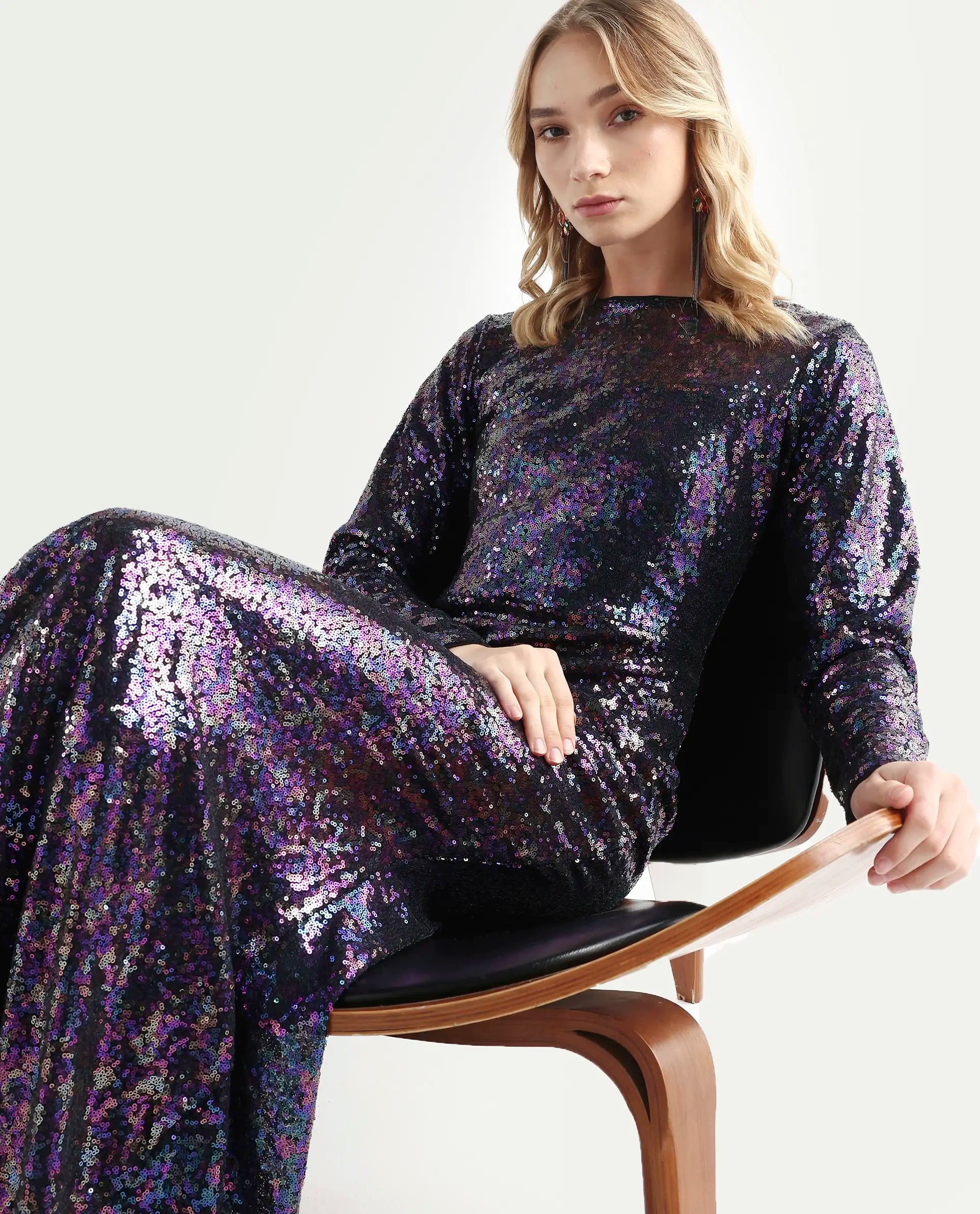 Rareism Women's Caltese Sheen Blue Polyester Boat Neck Sequined Maxi Regular Fit Dress