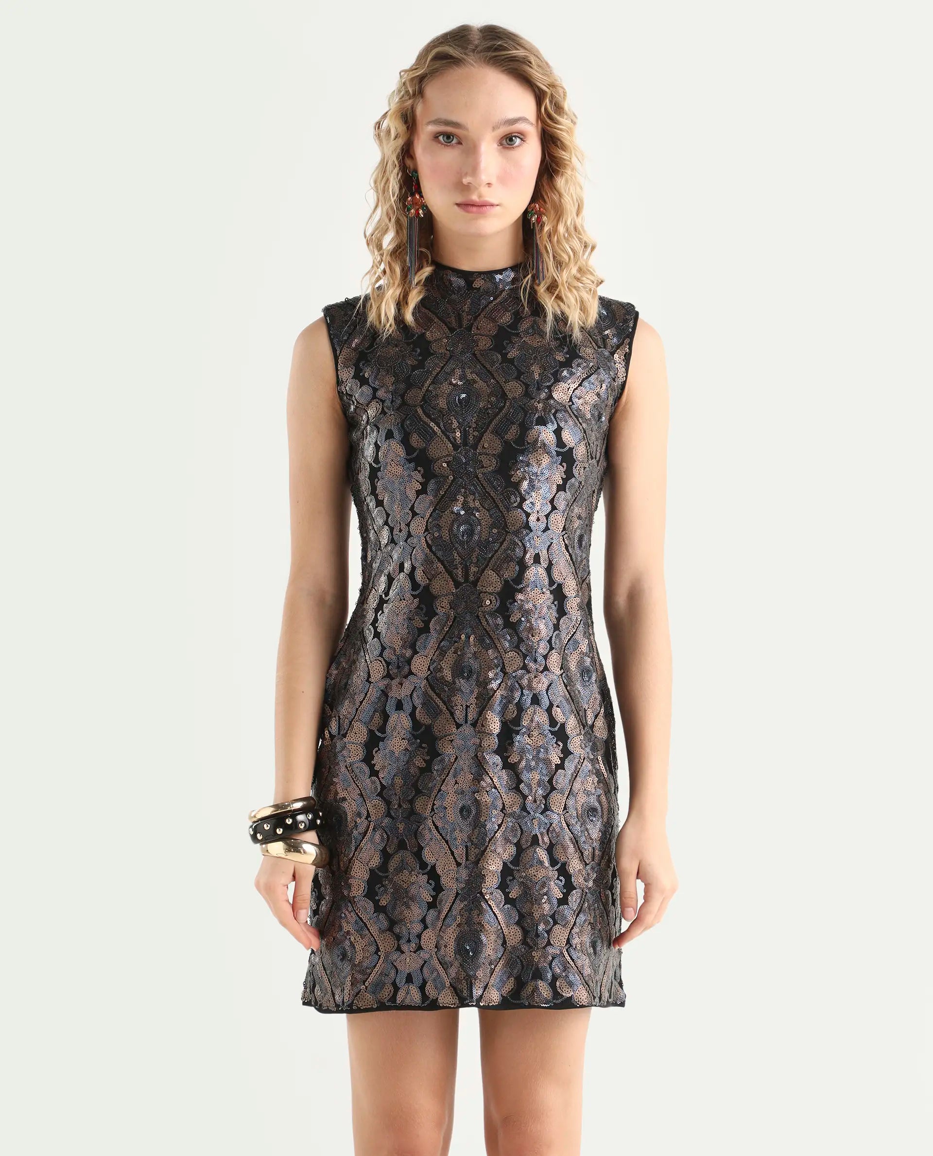 Rareism Women's Dory Sheen Multi Polyester High Neck Sequined Sleeveless Mini Regular Fit Dress