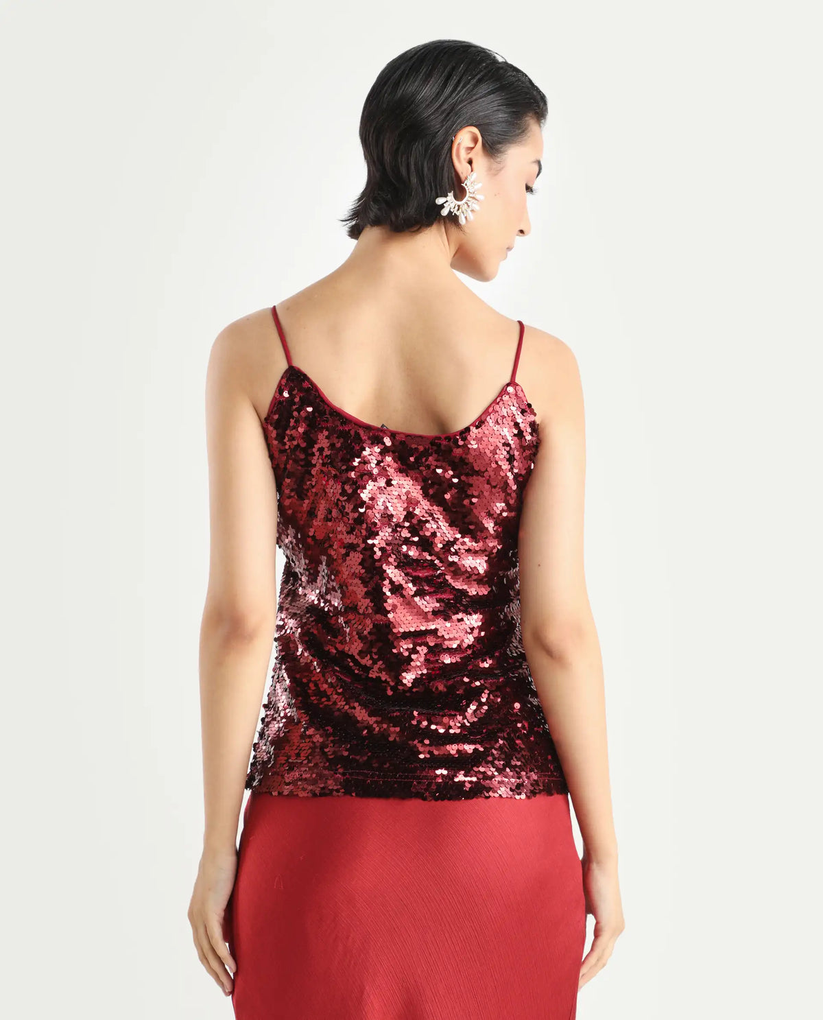 Rareism Women's Lilo Sheen Red Polyester V-Neck Sequined Shoulder Strap Regular Fit Top