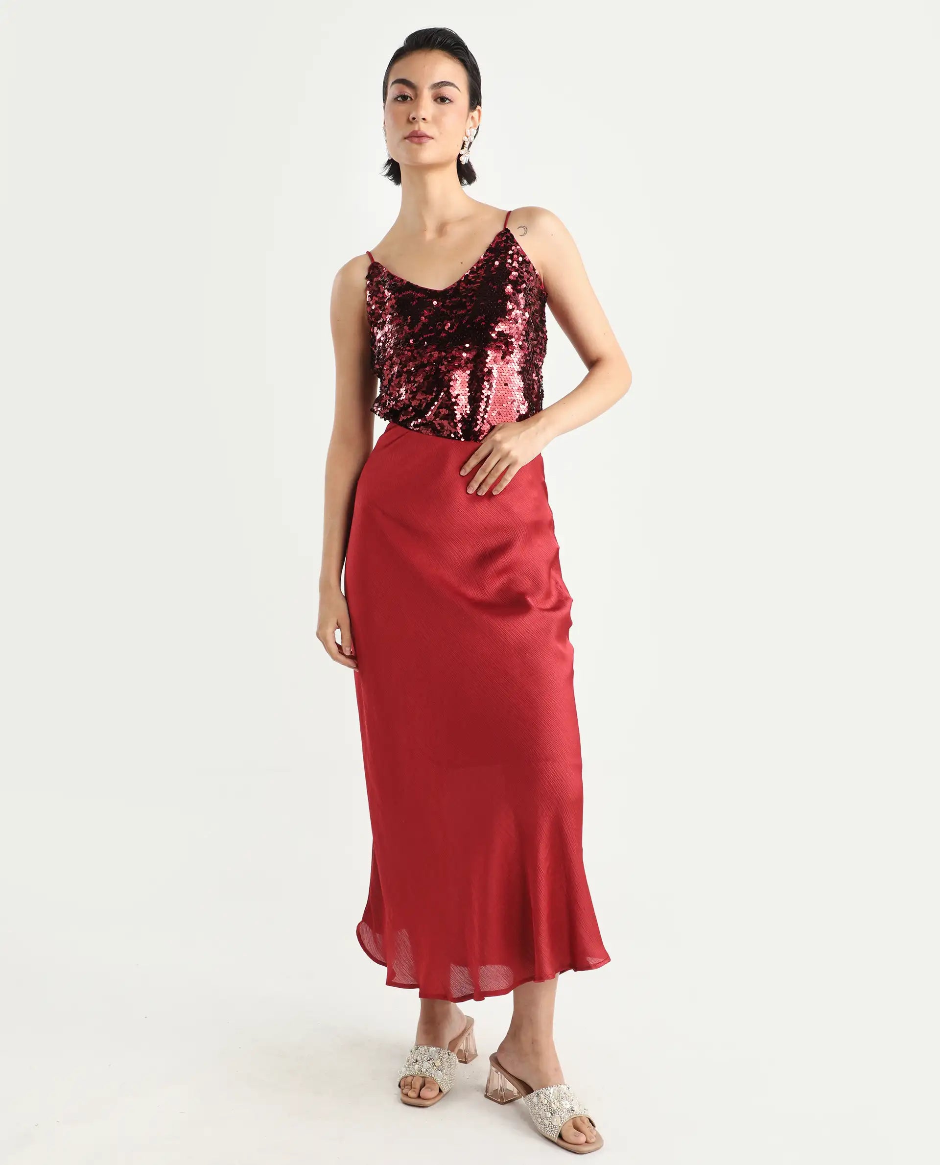 Rareism Women's Lilo Sheen Red Polyester V-Neck Sequined Shoulder Strap Regular Fit Top