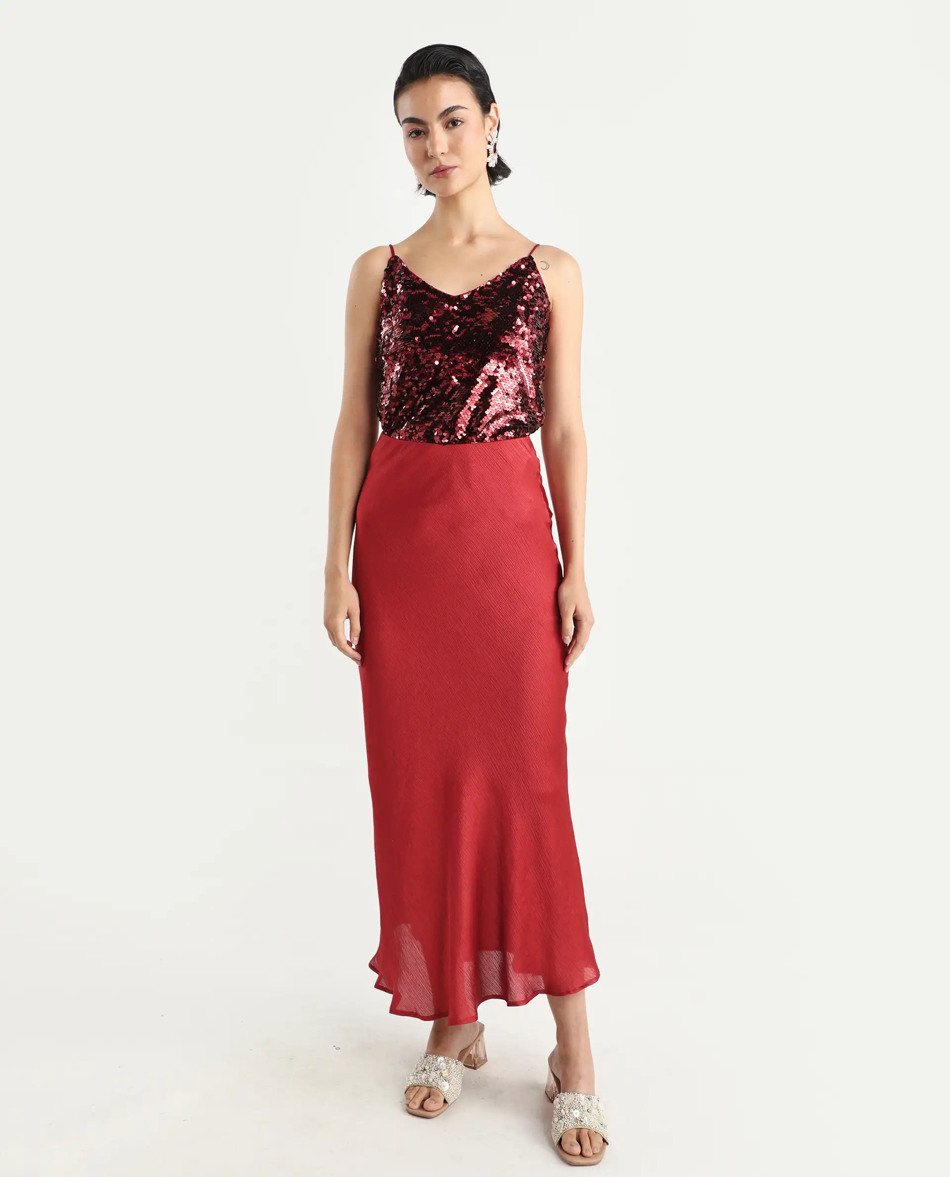 Rareism Women's Lilo Sheen Red Polyester V-Neck Sequined Shoulder Strap Regular Fit Top