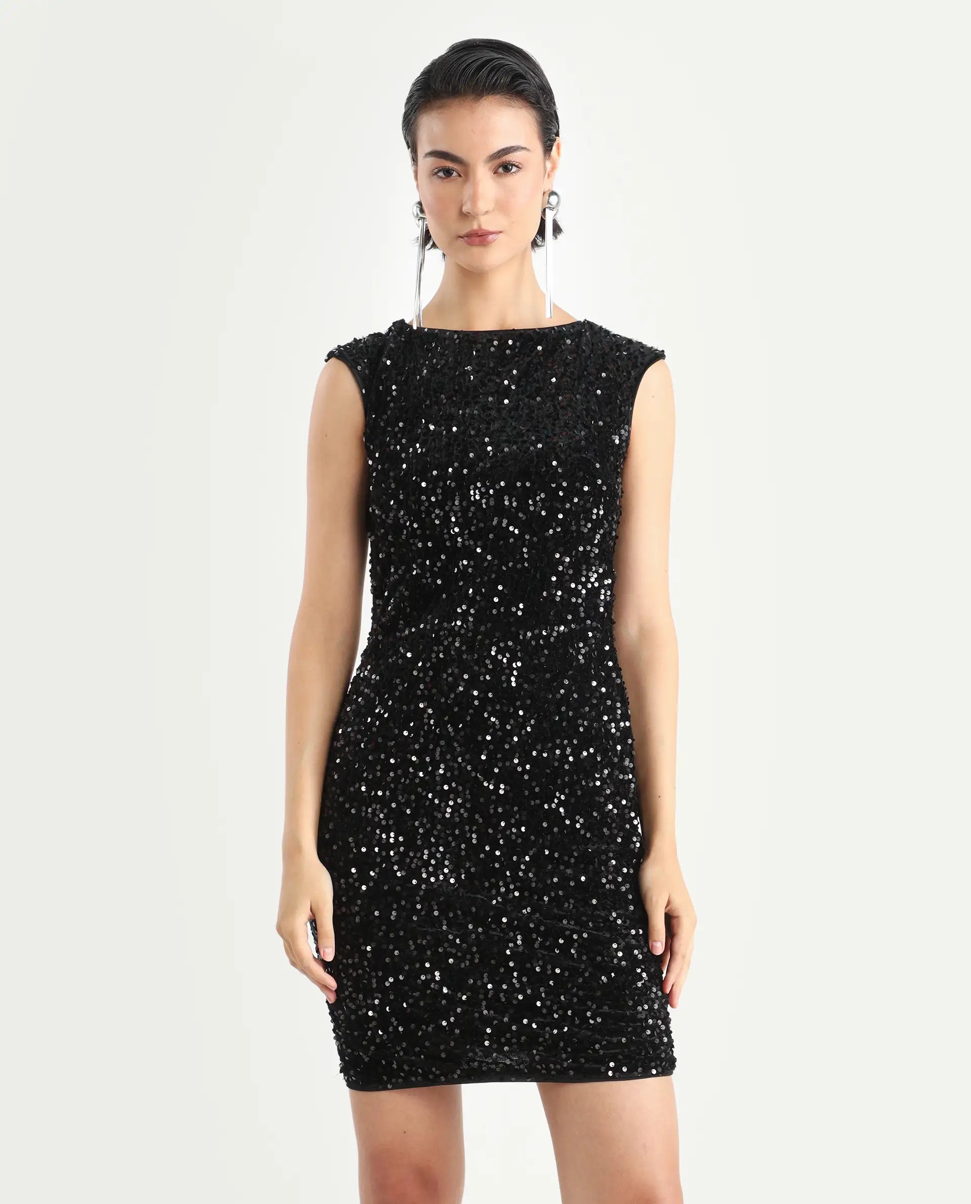 Rareism Women's Mulan Sheen Black Polyester Crew Neck Sequined Extended Sleeves Mini Regular Fit Dress