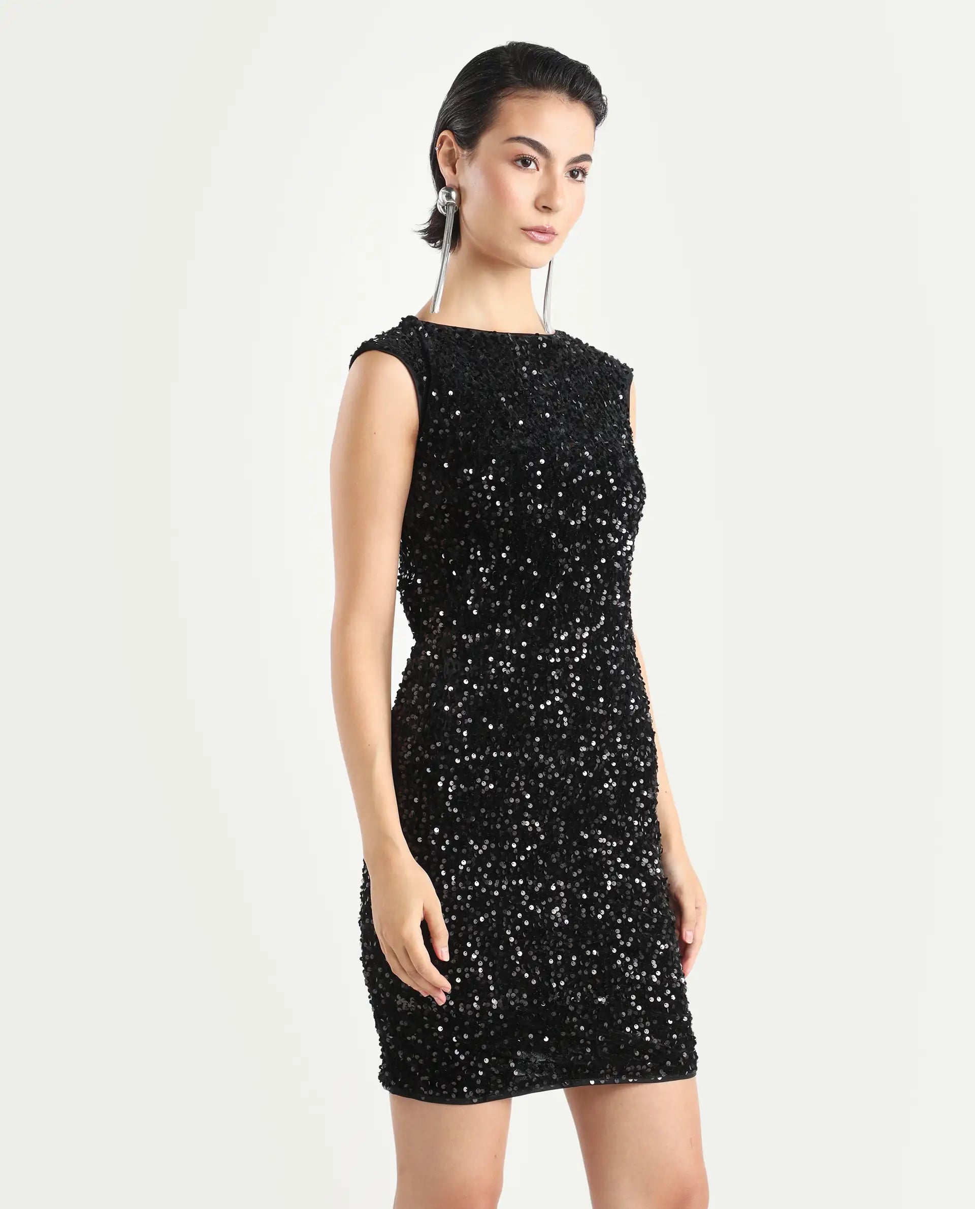 Rareism Women's Mulan Sheen Black Polyester Crew Neck Sequined Extended Sleeves Mini Regular Fit Dress