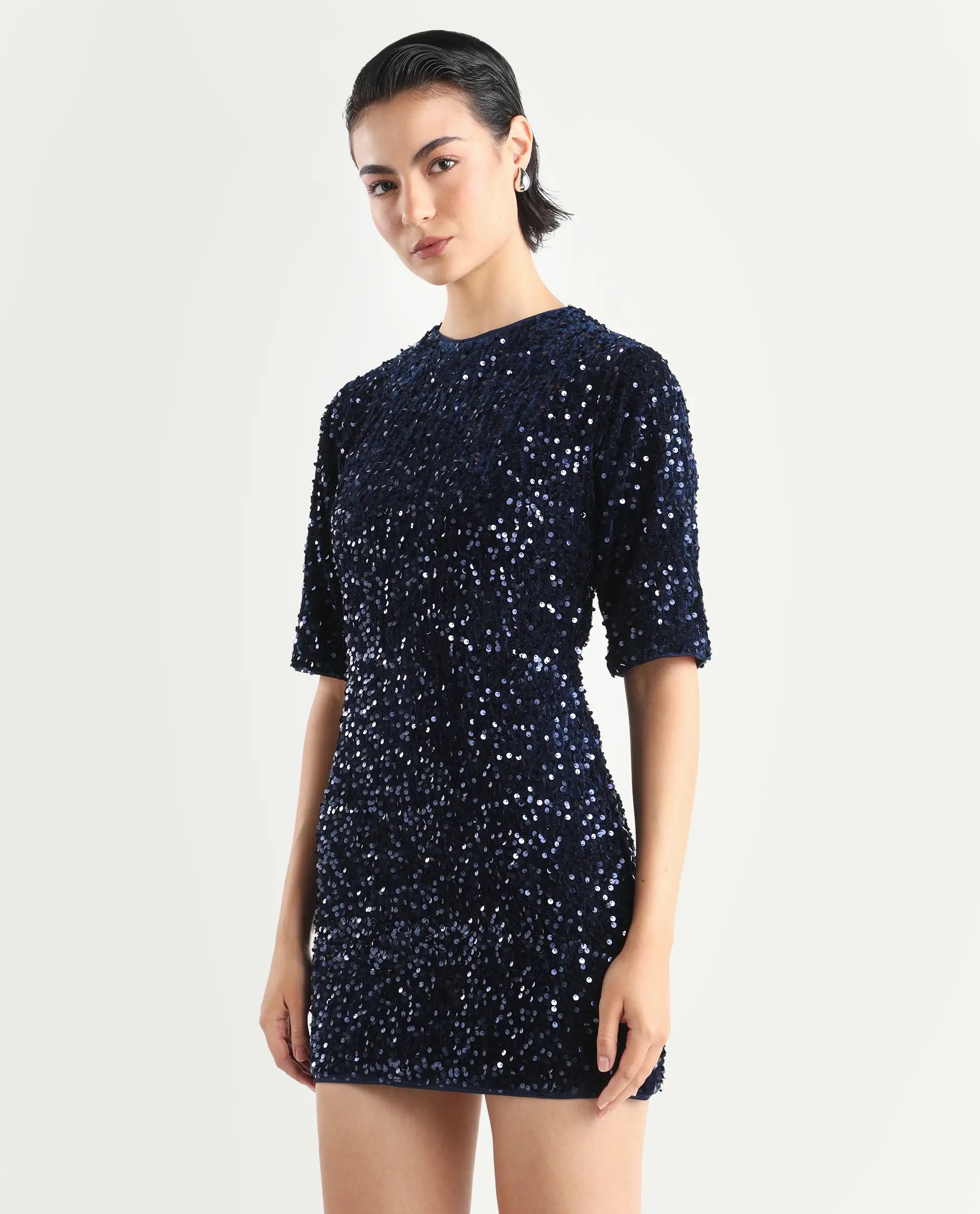 Rareism Women's Tiana Sheen Blue Polyester Crew Neck Sequined Mini A-Line Dress