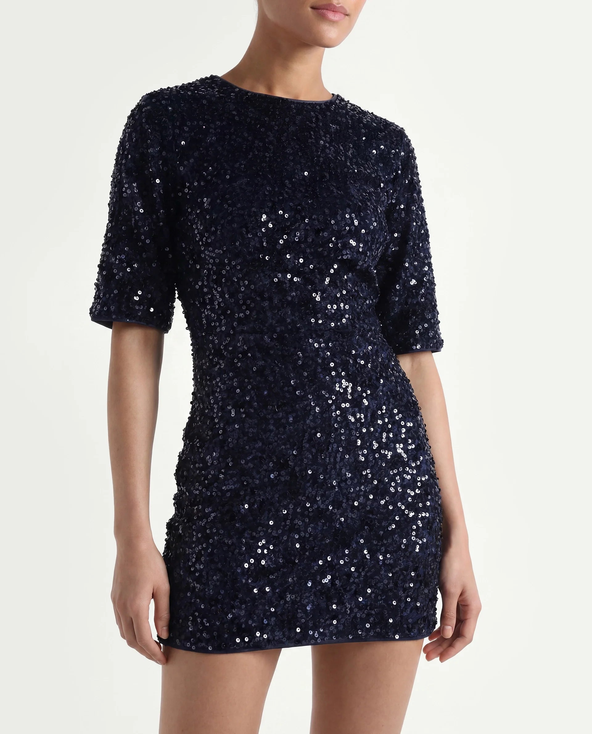 Rareism Women's Tiana Sheen Blue Polyester Crew Neck Sequined Mini A-Line Dress
