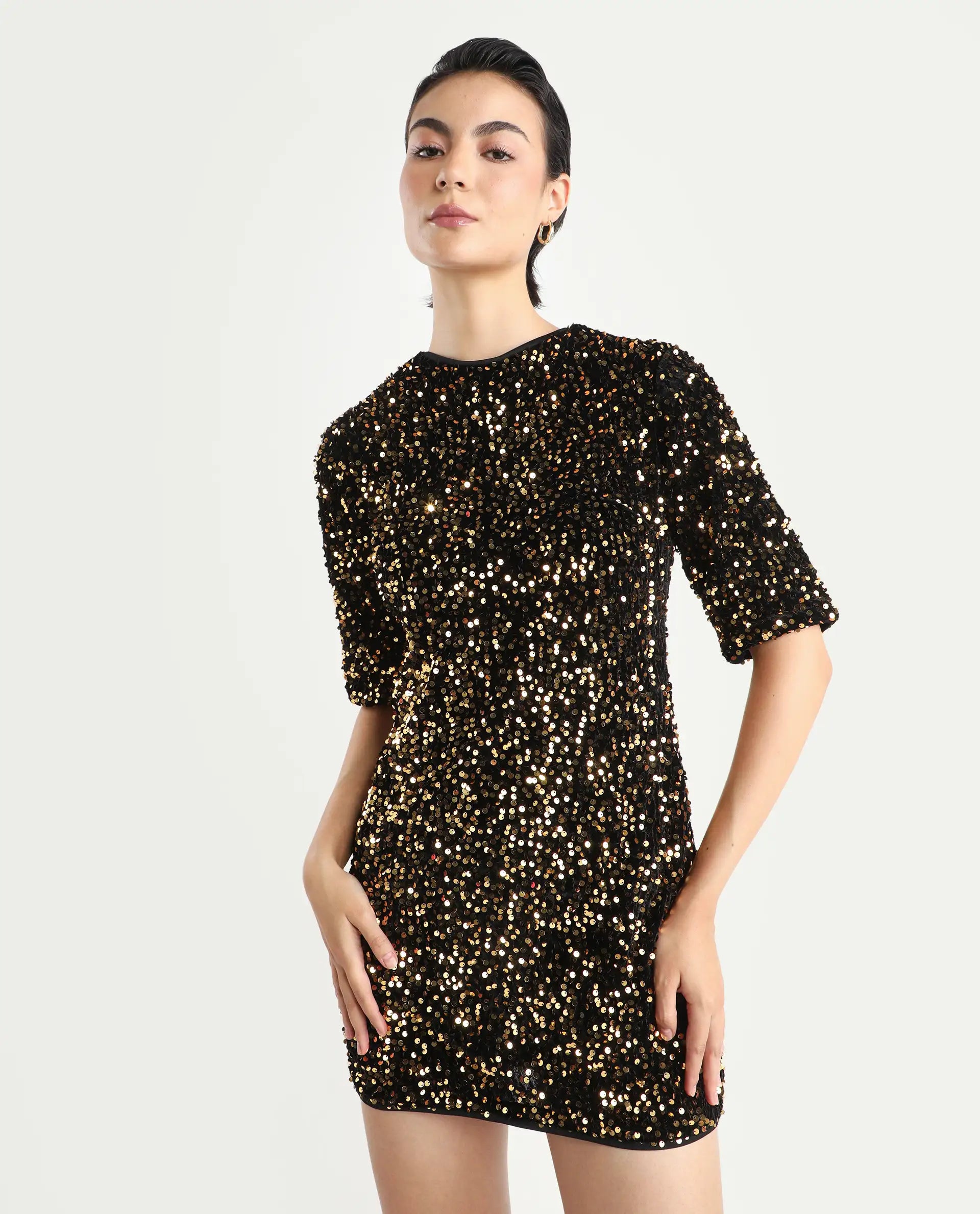 Rareism Women's Tiana Sheen Gold Polyester Crew Neck Sequined Mini A-Line Dress