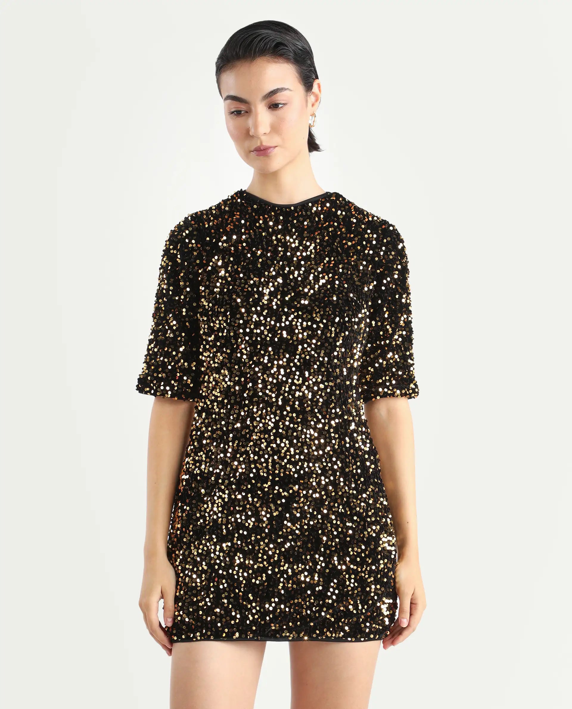 Rareism Women's Tiana Sheen Gold Polyester Crew Neck Sequined Mini A-Line Dress