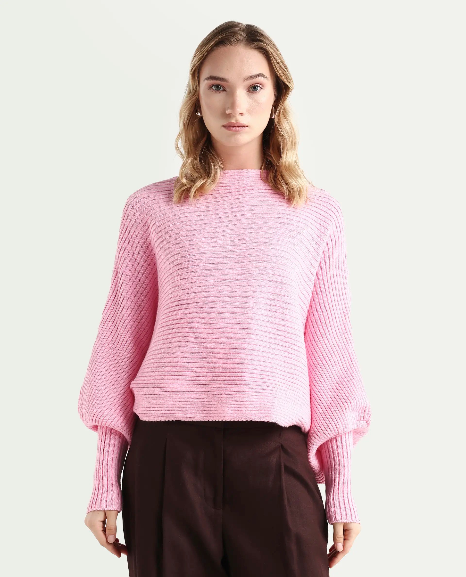 Rareism Women's Blaire Light Pink Viscose Blend Crew Neck Plain Bishop Sleeve Crop Relaxed Fit Sweater