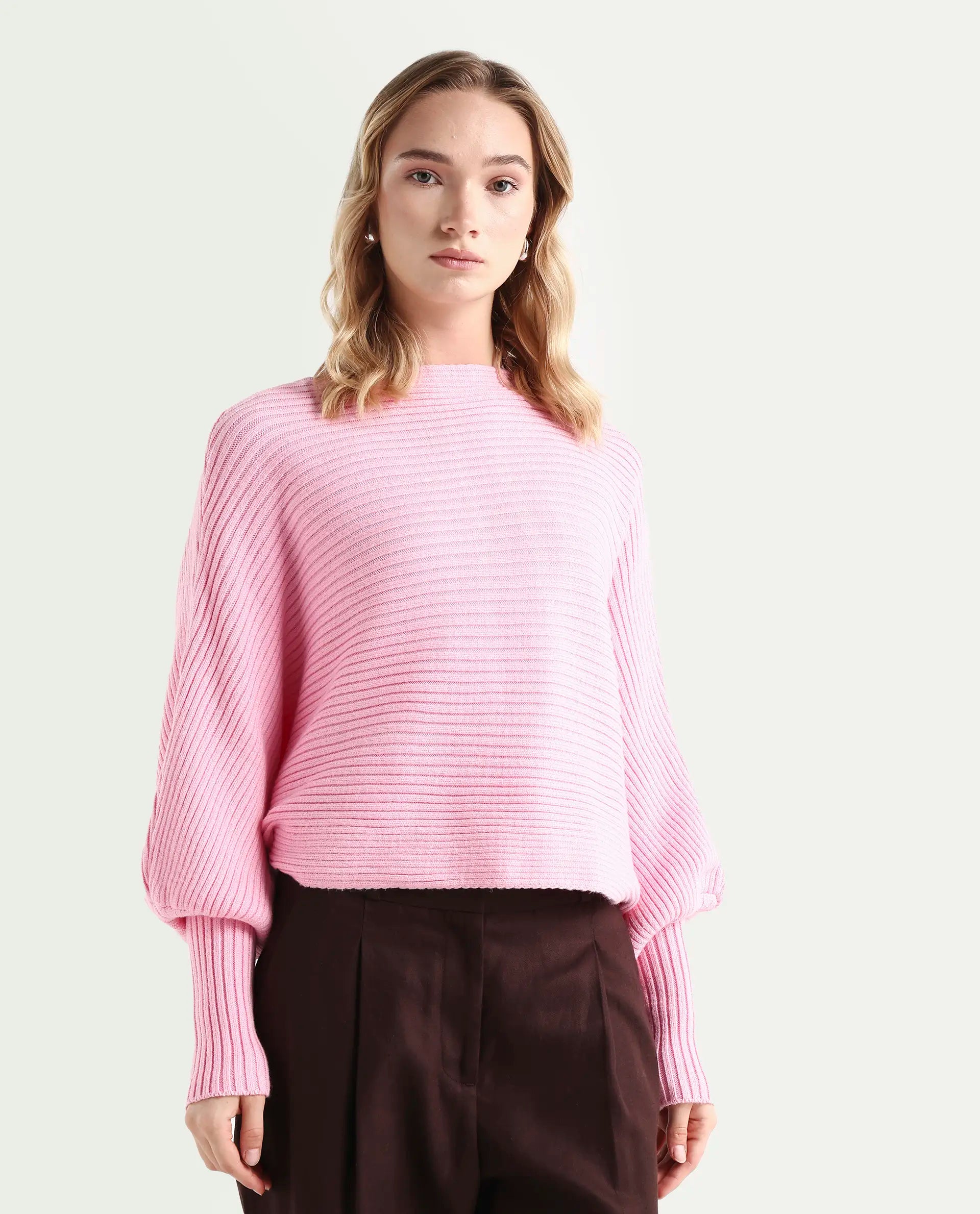 Rareism Women's Blaire Light Pink Viscose Blend Crew Neck Plain Bishop Sleeve Crop Relaxed Fit Sweater