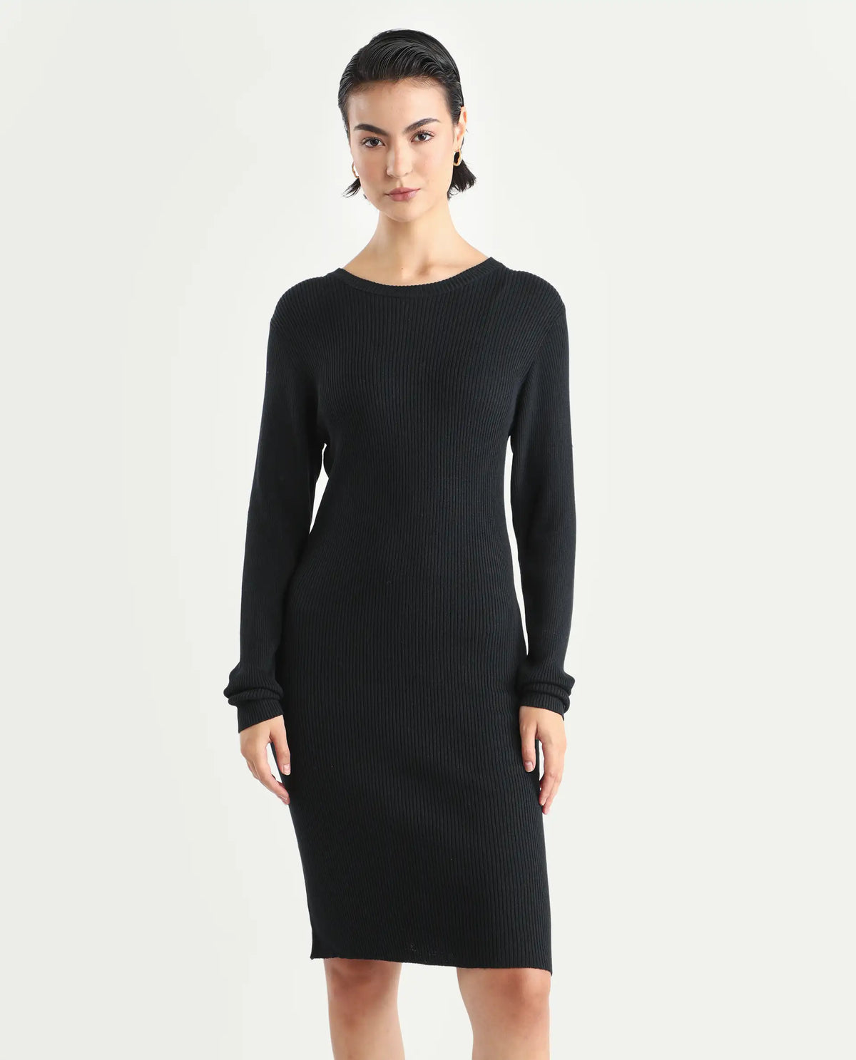 Rareism Women's Franccois Black Viscose Boat Neck Plain Knee Length Regular Fit Sweater