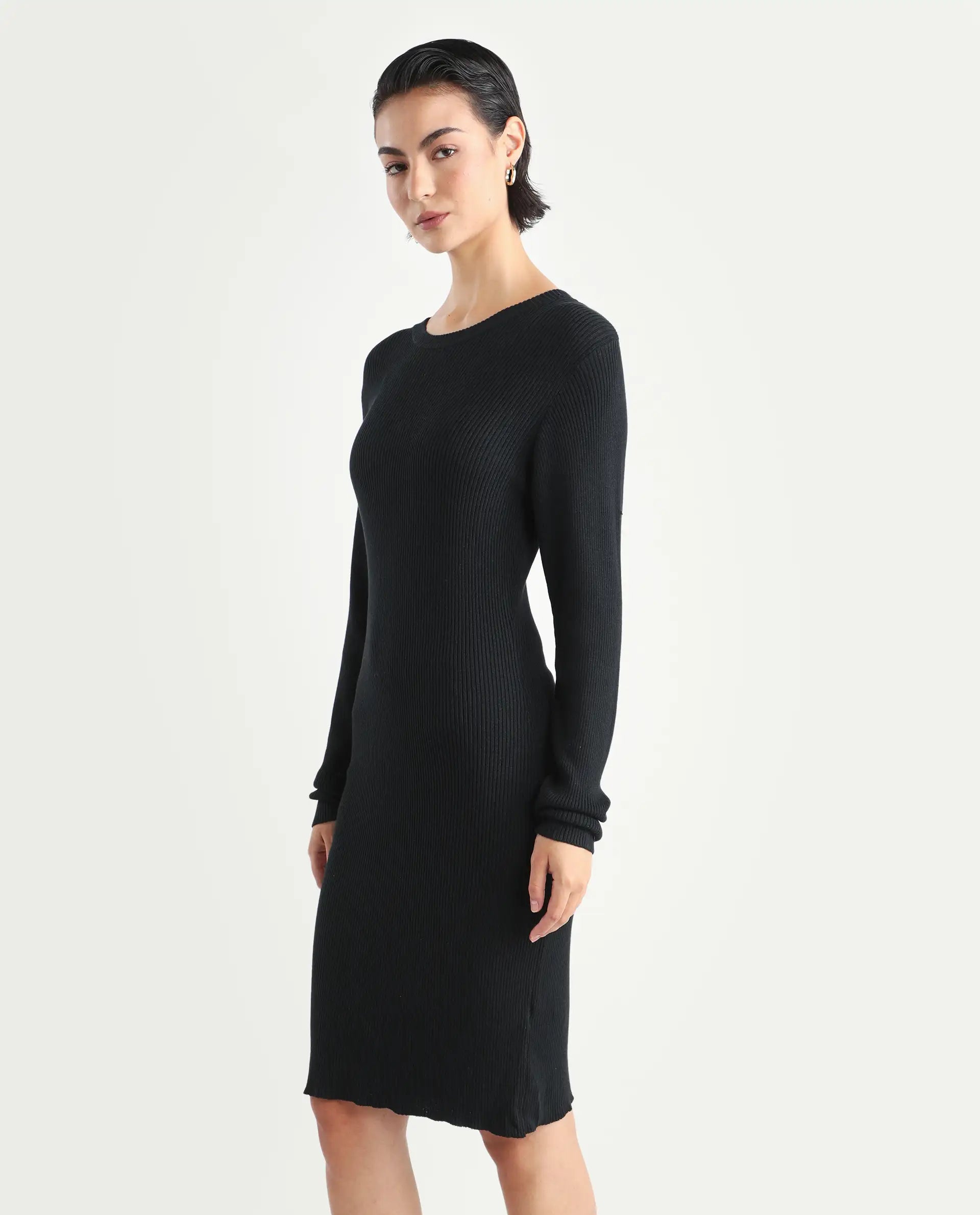 Rareism Women's Franccois Black Viscose Boat Neck Plain Knee Length Regular Fit Sweater