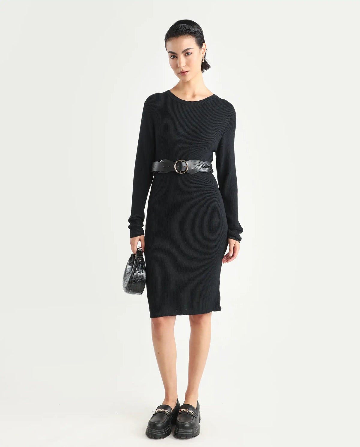 Rareism Women's Franccois Black Viscose Boat Neck Plain Knee Length Regular Fit Sweater