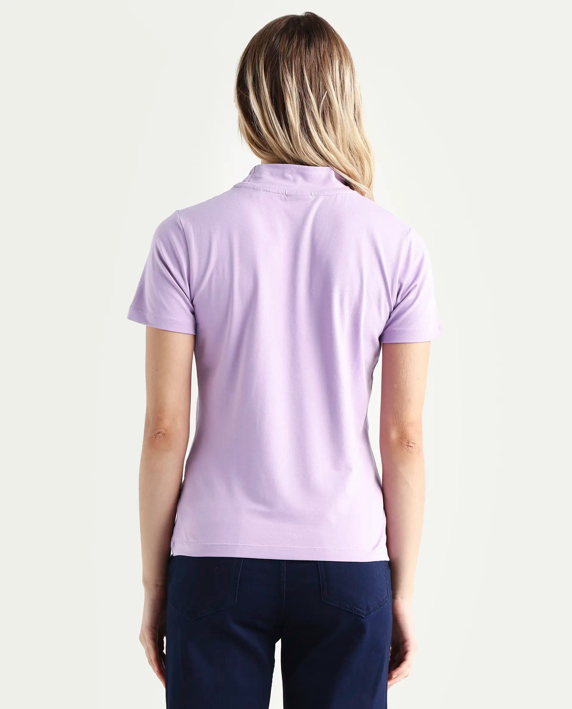 Rareism Women's Ellie Purple Cotton High Neck Graphic Print Regular Fit T-Shirt