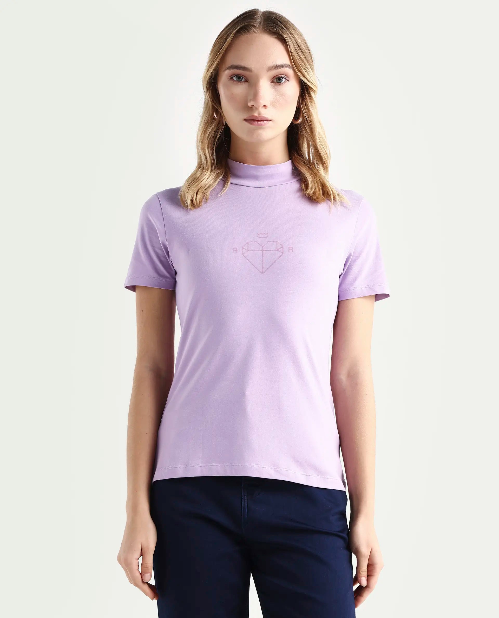 Rareism Women's Ellie Purple Cotton High Neck Graphic Print Regular Fit T-Shirt