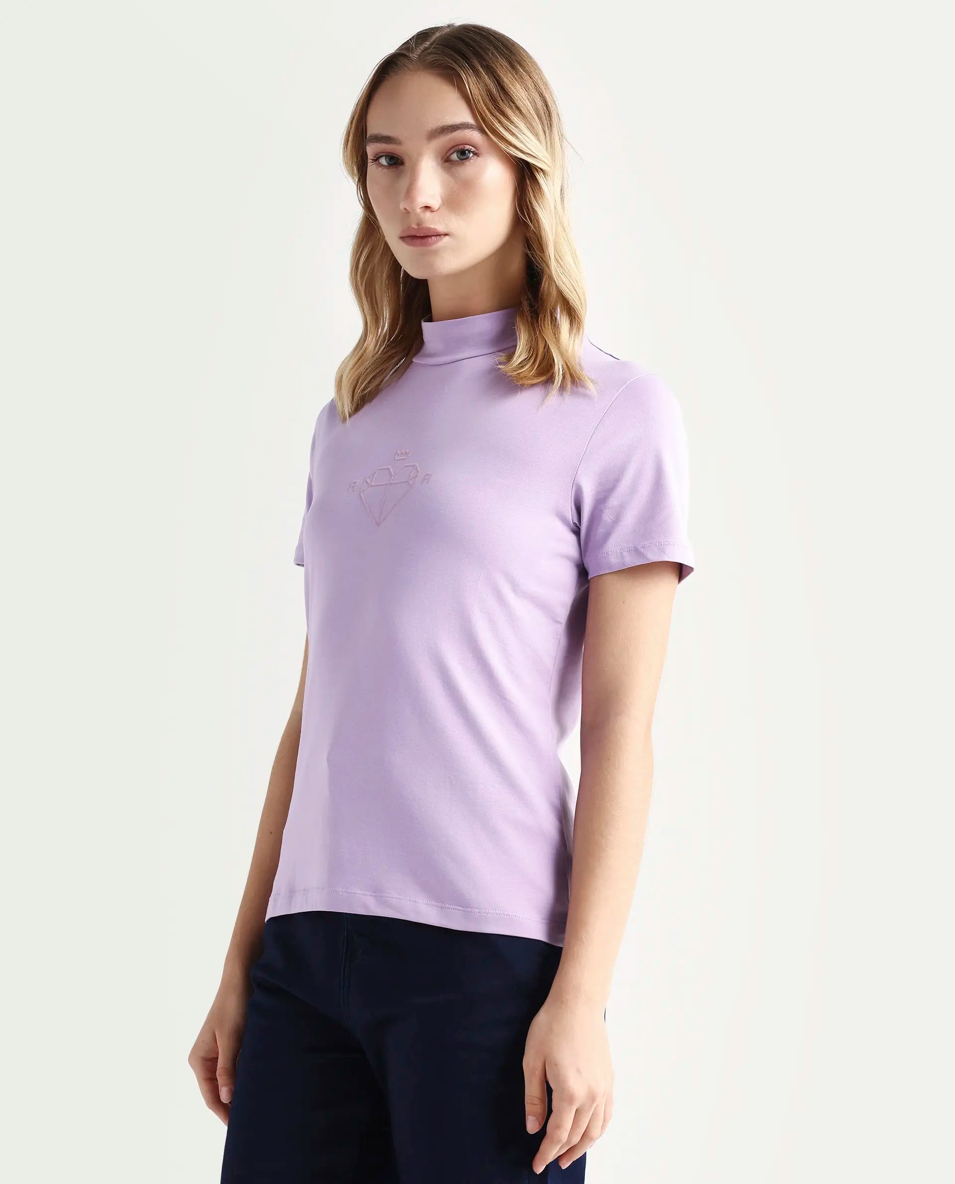 Rareism Women's Ellie Purple Cotton High Neck Graphic Print Regular Fit T-Shirt