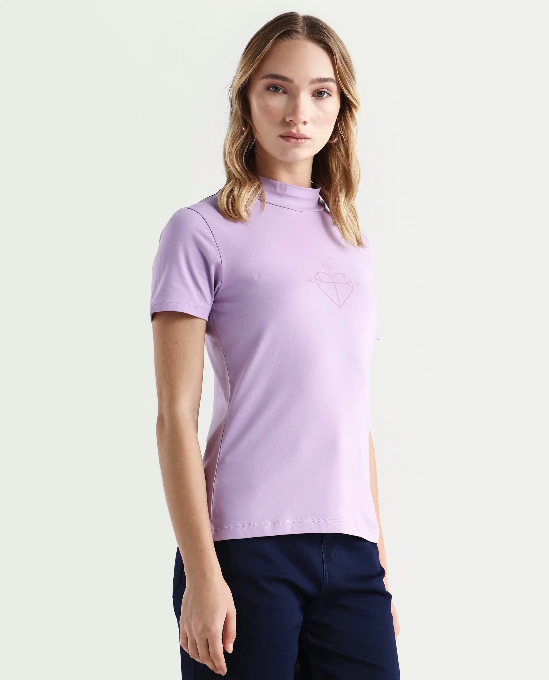 Rareism Women's Ellie Purple Cotton High Neck Graphic Print Regular Fit T-Shirt