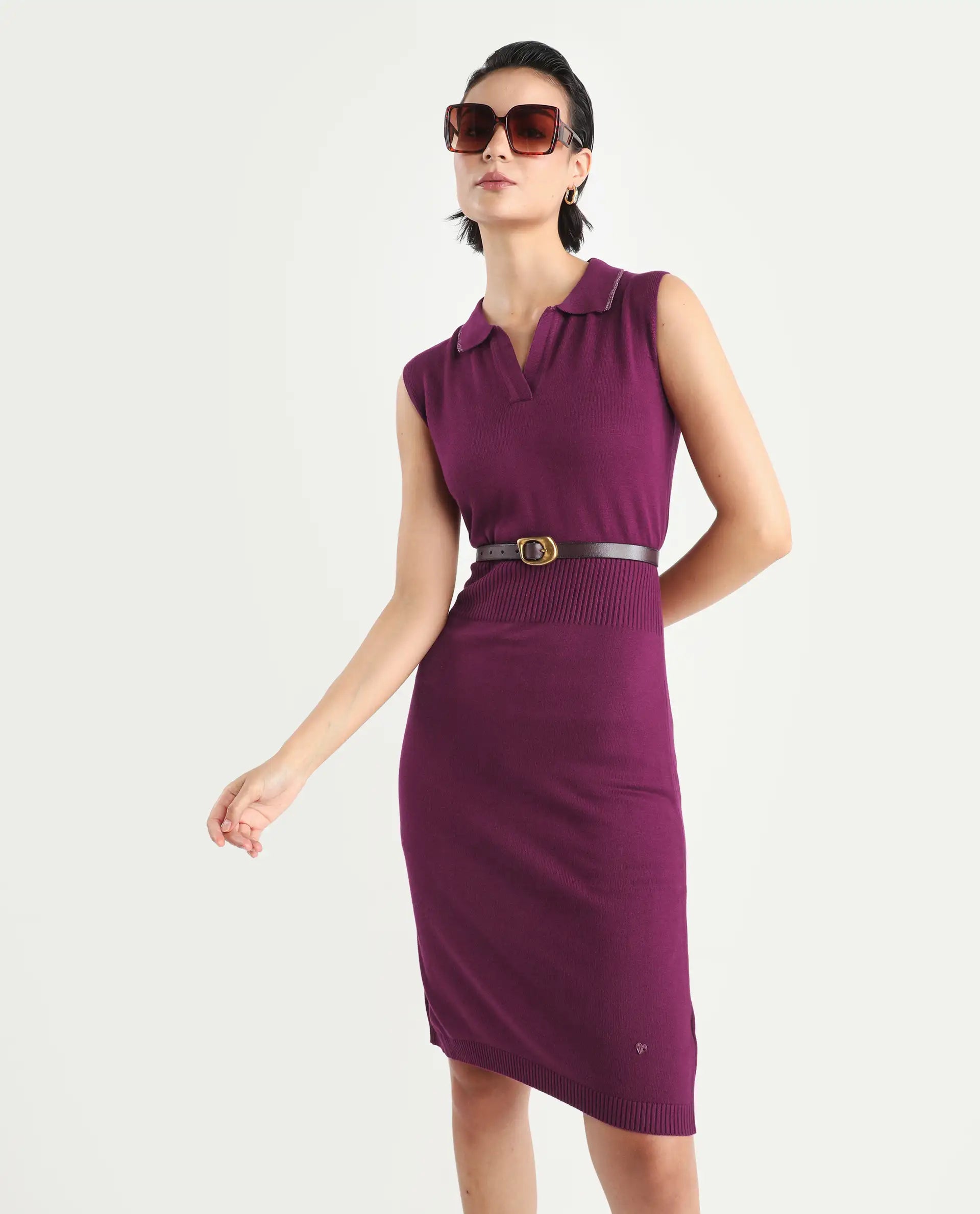 Rareism Women's Knitsy Dark Maroon Cotton Spread Collar Plain Sleeveless Knee Length Regular Fit Sweater