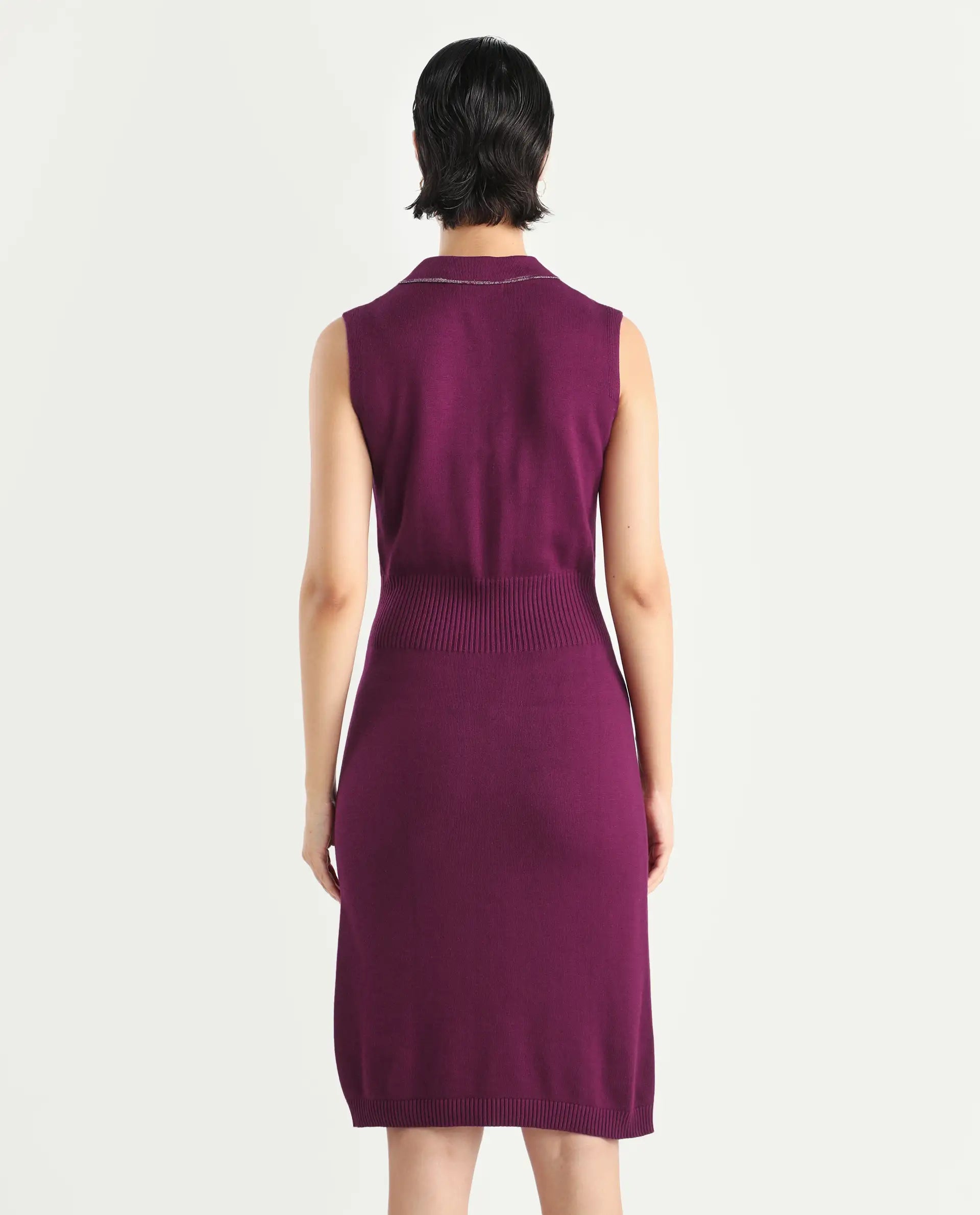 Rareism Women's Knitsy Dark Maroon Viscose Spread Collar Plain Sleeveless Knee Length Regular Fit Sweater