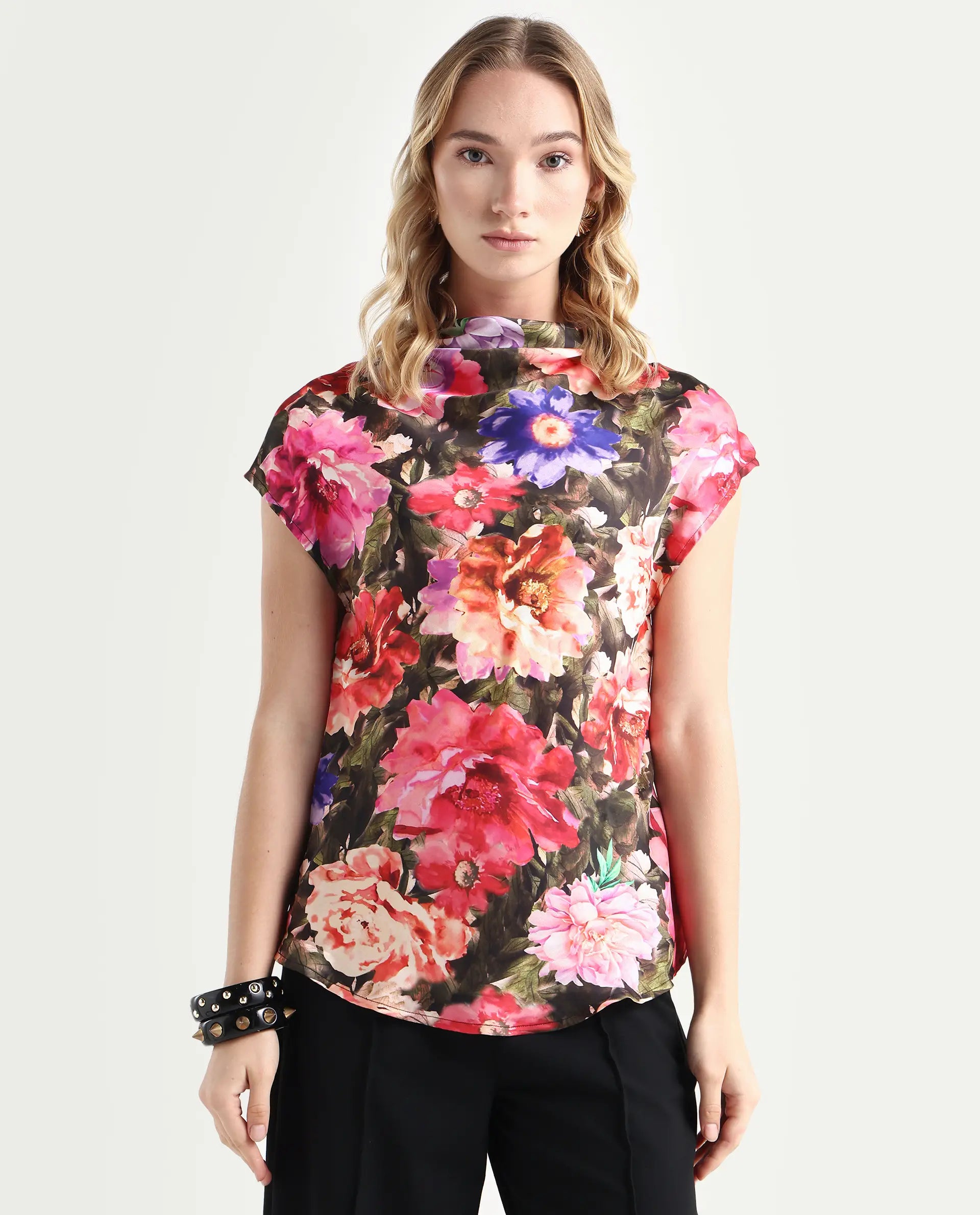 Rareism Women's Arturo Multi Polyester Cowl Neck Floral Print Extended Sleeves Regular Fit Top