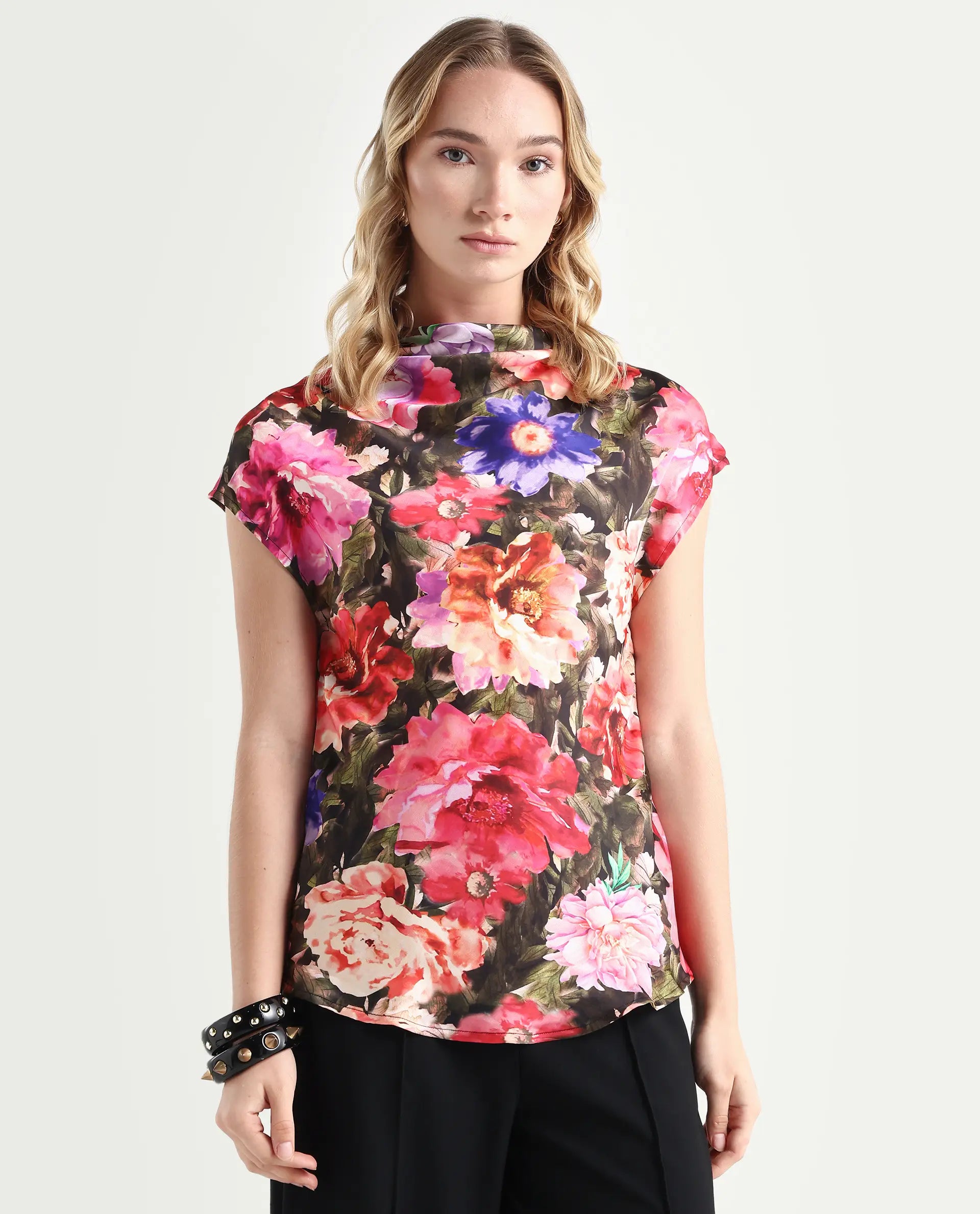 Rareism Women's Arturo Multi Polyester Cowl Neck Floral Print Extended Sleeves Regular Fit Top