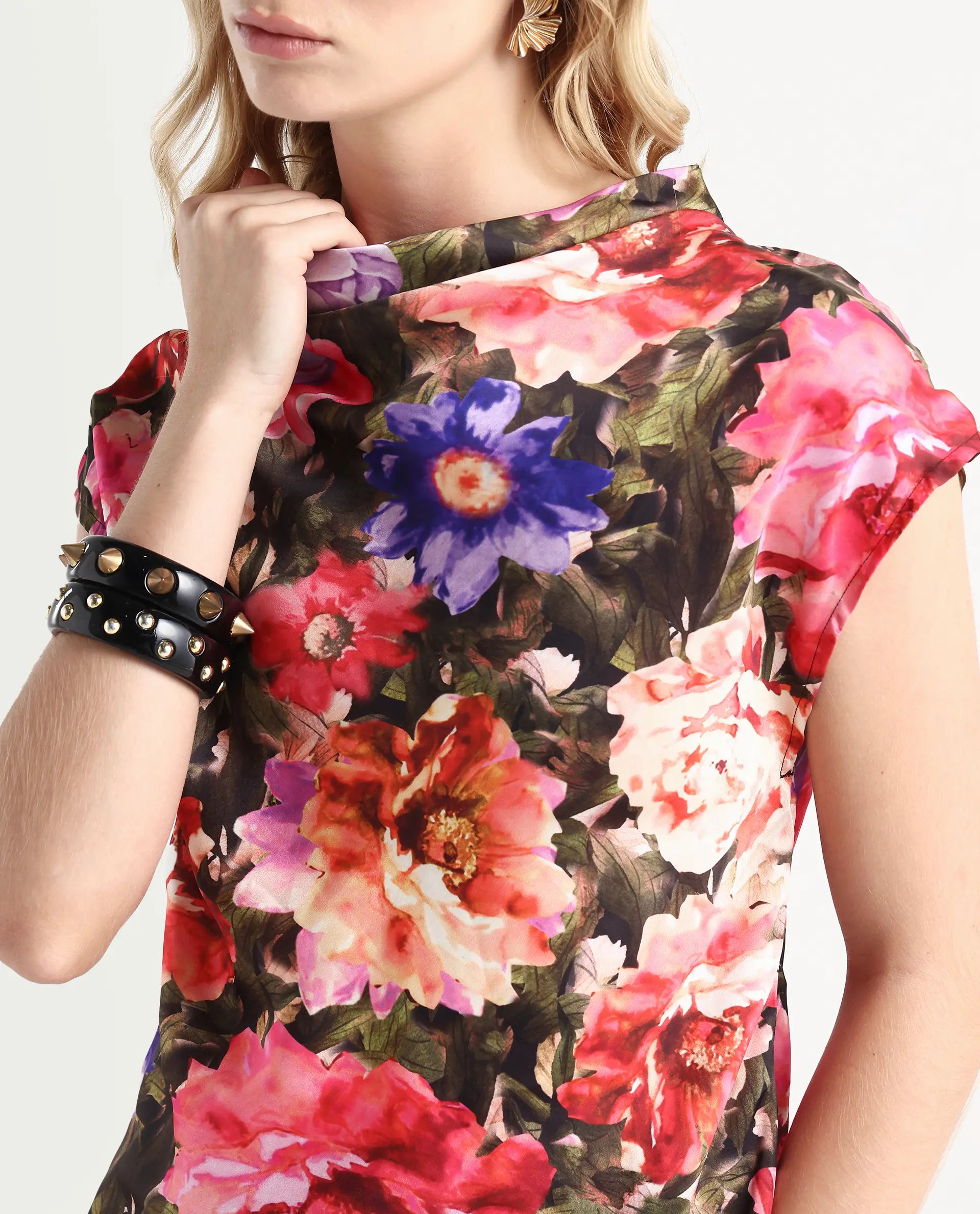 Rareism Women's Arturo Multi Polyester Cowl Neck Floral Print Extended Sleeves Regular Fit Top