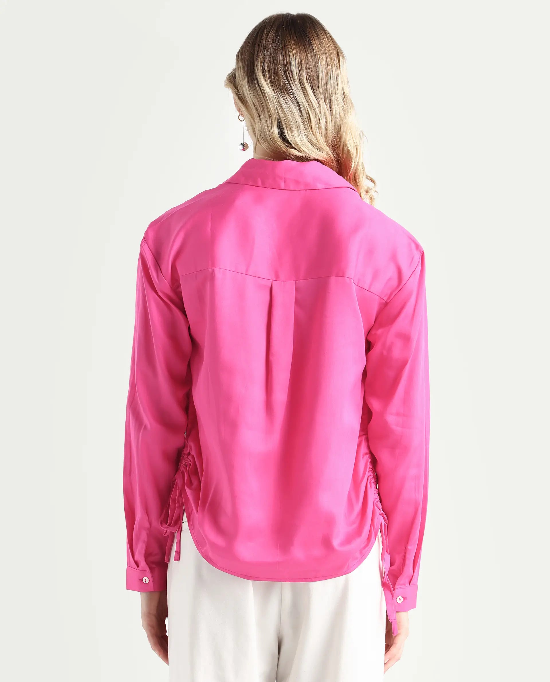 Rareism Women's Avocado Pink Cotton Spread Collar Plain Regular Fit Top