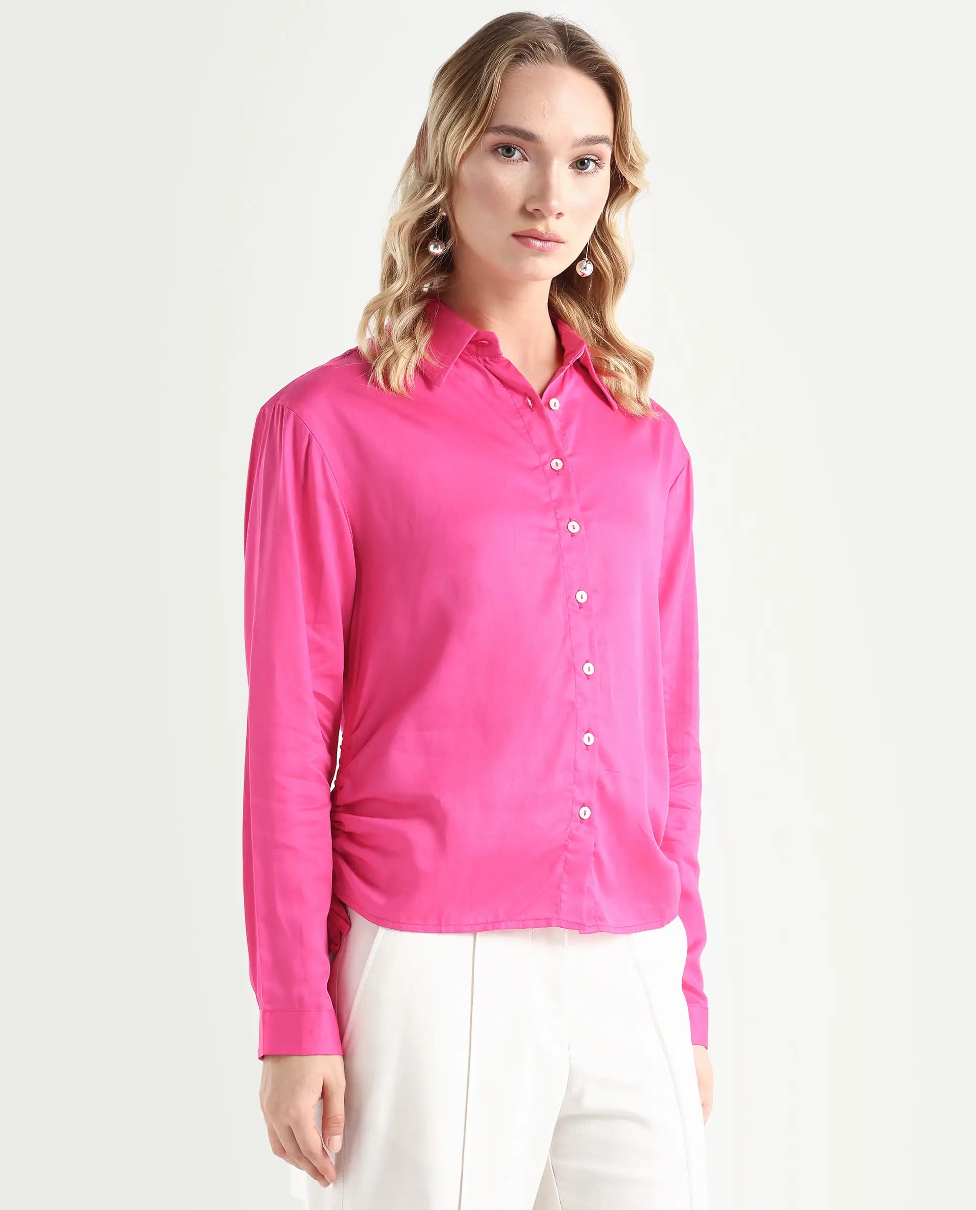 Rareism Women's Avocado Pink Cotton Spread Collar Plain Regular Fit Top