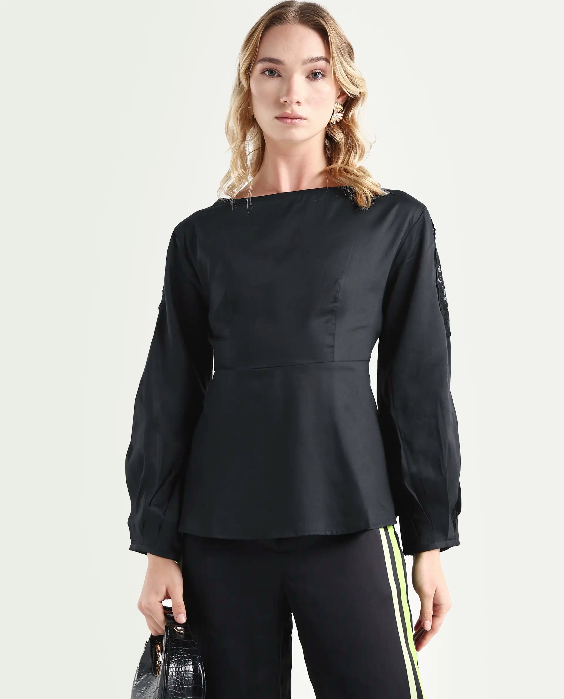Rareism Women's Rolina Black Cotton Boat Neck Plain Balloon Sleeve Regular Fit Top